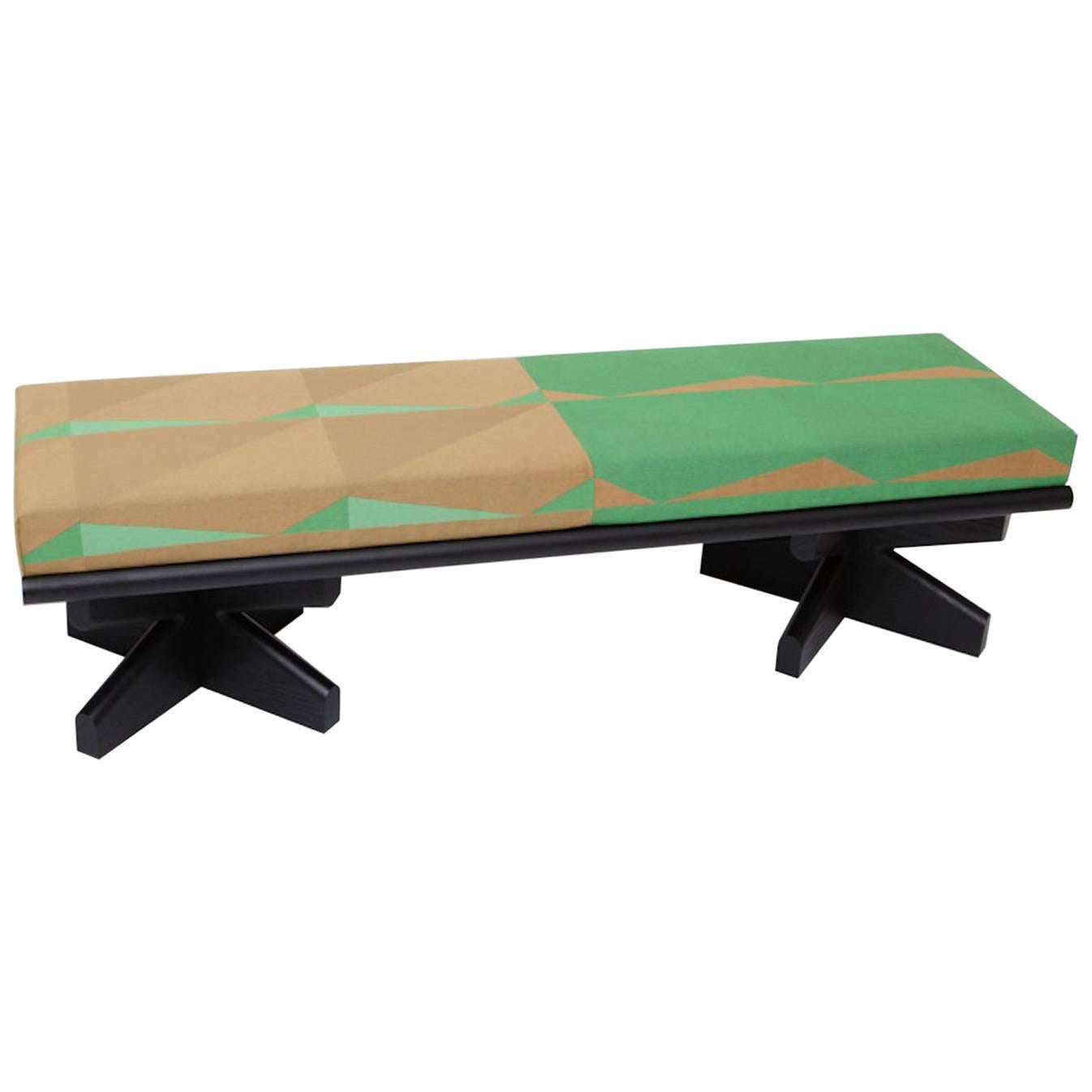 Geometric Green Upholstered Lacquered Ash Bench by Vonnegut/Kraft for Weft