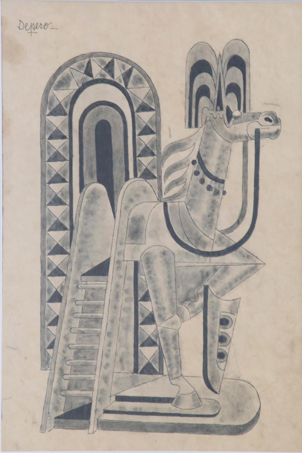 Rare and beautiful painted work by Fortunato Depero from 1948, Title: Horse and Stained Glass Window. Technique: Indian ink and diluted Indian ink on paper. Details: Signature top left. Work archived at the Archivio Unico for the catalogue of the
