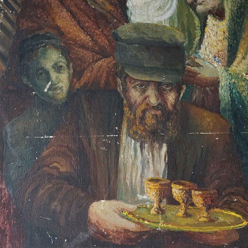 Hand-Painted Vintage Original Depiction of a Jewish Wedding, Oil Painting by J. Leiba, 1950s For Sale