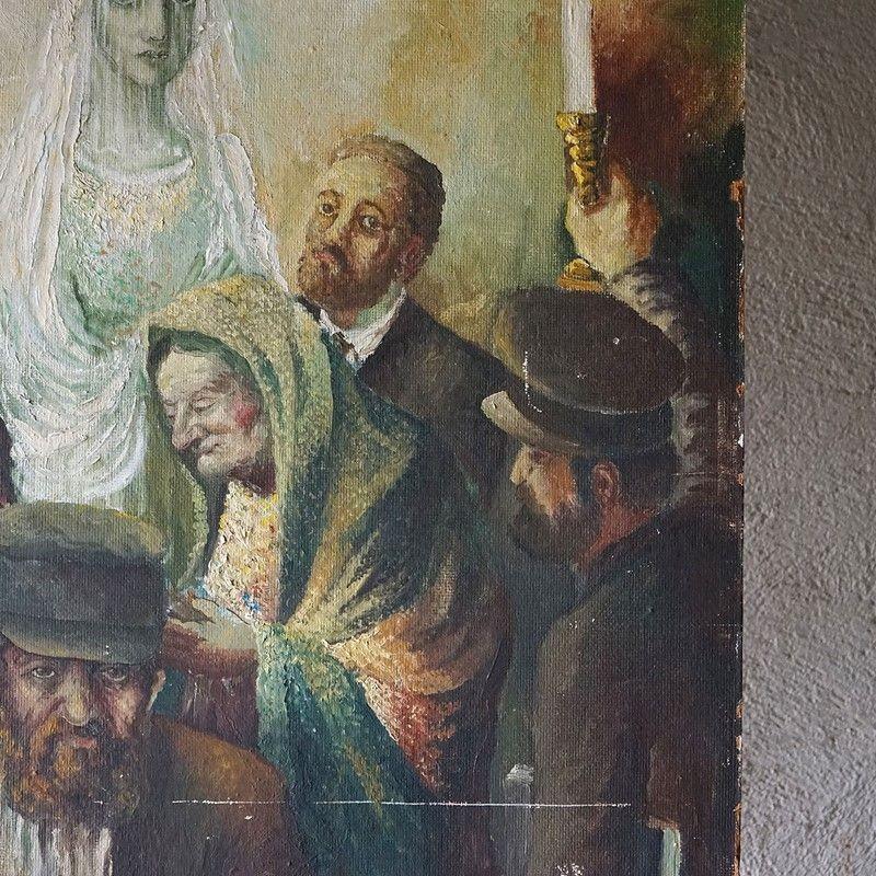 Canvas Vintage Original Depiction of a Jewish Wedding, Oil Painting by J. Leiba, 1950s For Sale