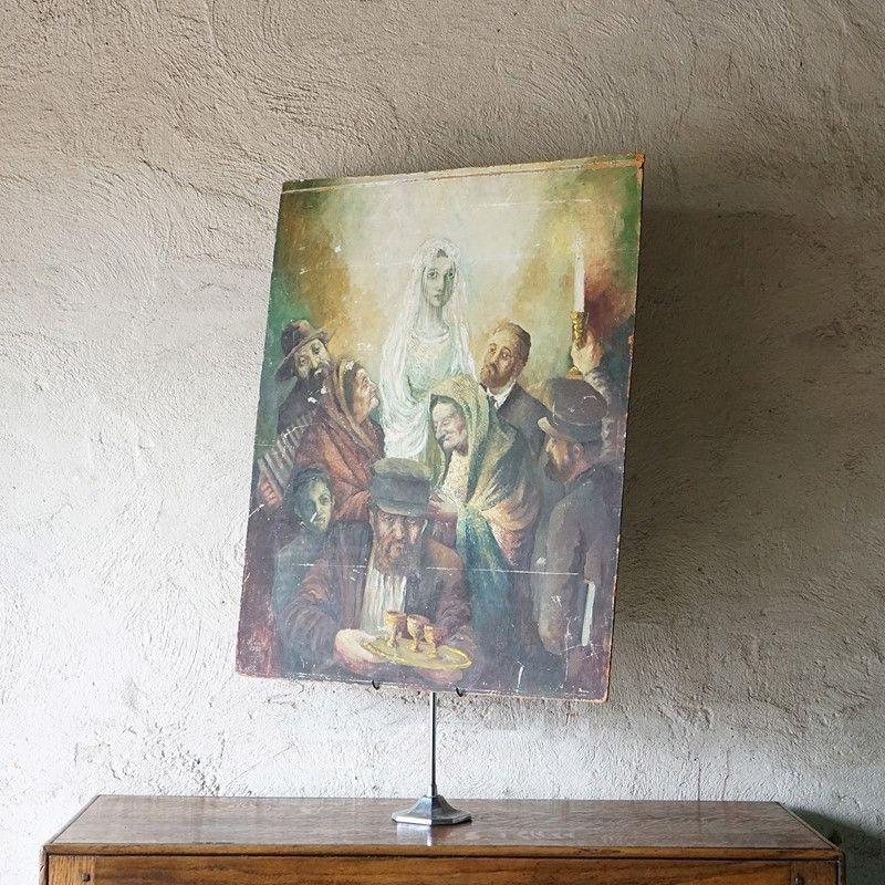 Vintage Original Depiction of a Jewish Wedding, Oil Painting by J. Leiba, 1950s For Sale 1