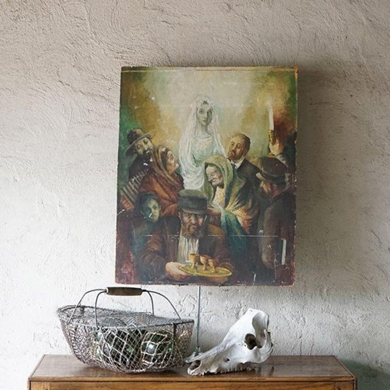 Vintage Original Depiction of a Jewish Wedding, Oil Painting by J. Leiba, 1950s For Sale 2