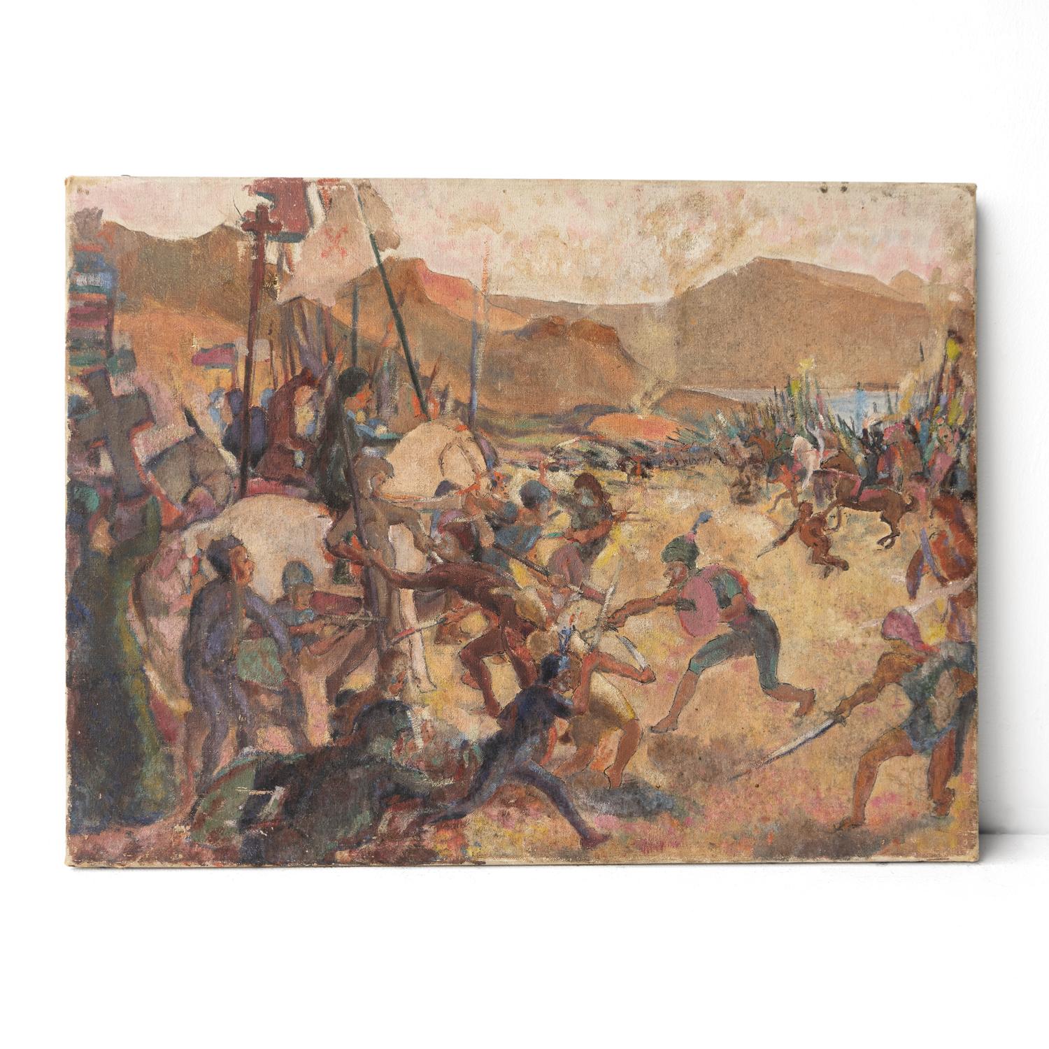Antique Original Oil on Canvas Painting 

A wonderfully energetic depiction of an Eastern battle scene, probably depicting the medieval Crusades including knights on horseback, pikemen and warriors in turbans.

Painted in a loose, free style that