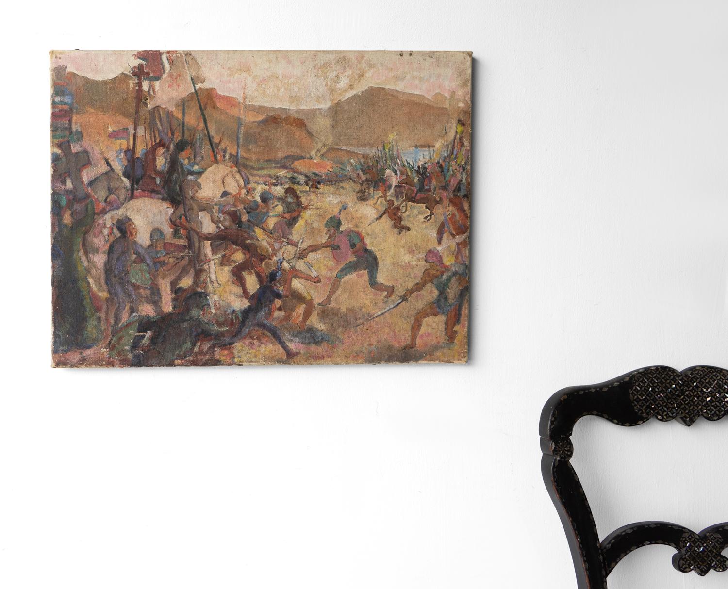 Hand-Painted Depiction of a Medieval Battle Scene, Antique Original Oil Painting For Sale