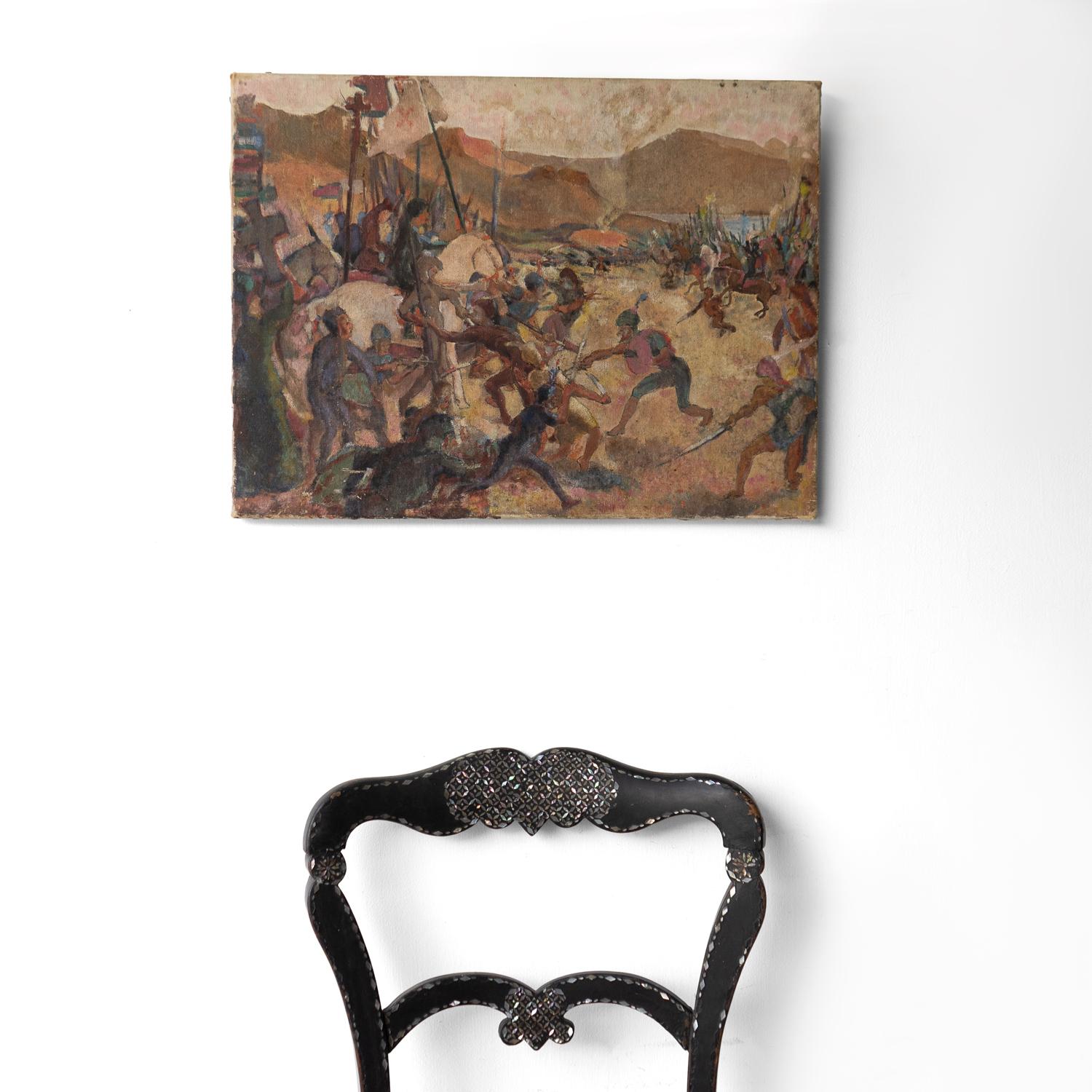 Darstellung einer mittelalterlichen Schlachtsszene, antikes Original-Ölgemälde (Leinwand) im Angebot