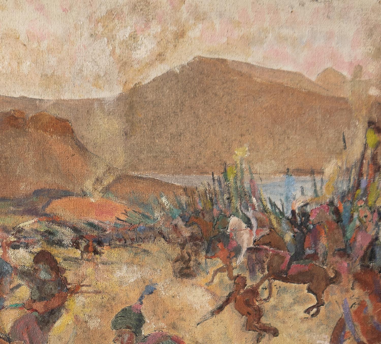 Early 20th Century Depiction of a Medieval Battle Scene, Antique Original Oil Painting For Sale