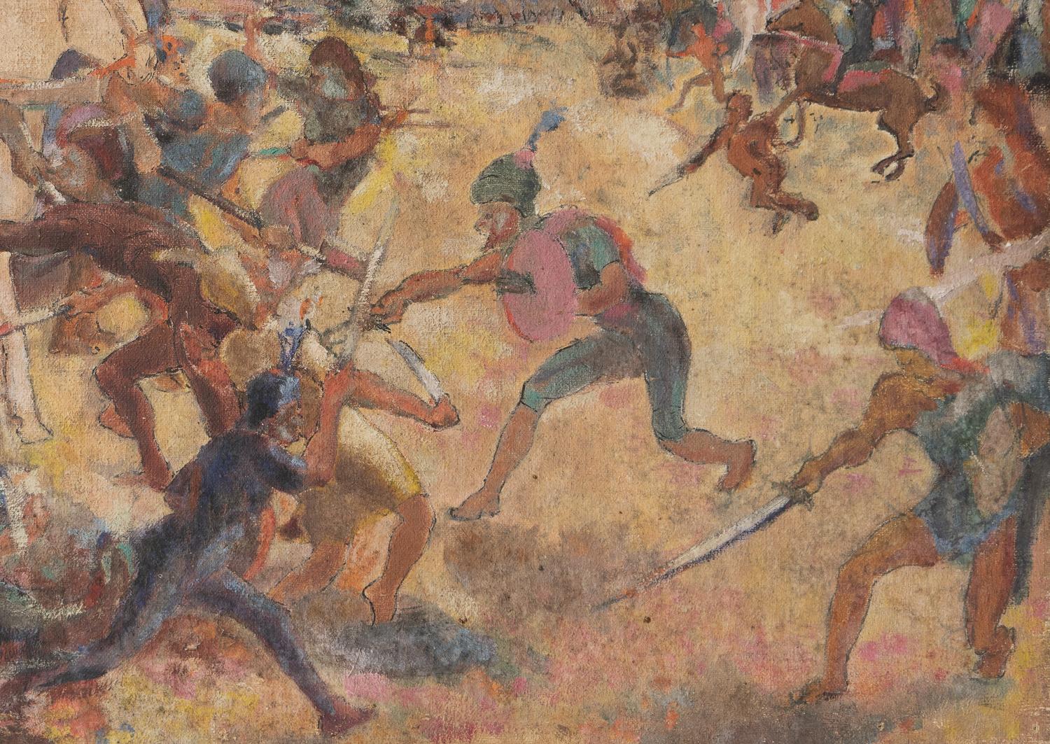 Canvas Depiction of a Medieval Battle Scene, Antique Original Oil Painting For Sale