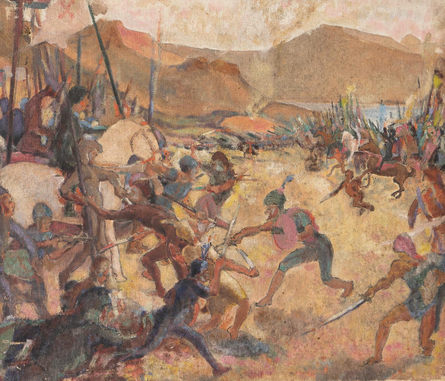 Depiction of a Medieval Battle Scene, Antique Original Oil Painting For Sale 1