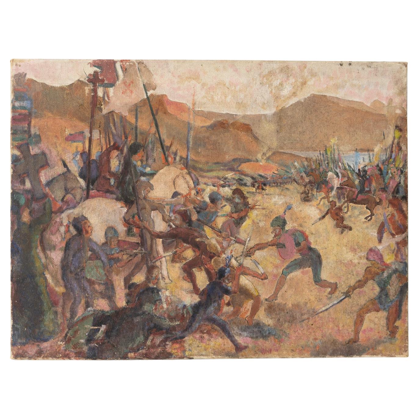 Darstellung einer mittelalterlichen Schlachtsszene, antikes Original-Ölgemälde