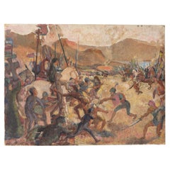 Représentation d'une scène de bataille médiévale, peinture à l'huile originale ancienne