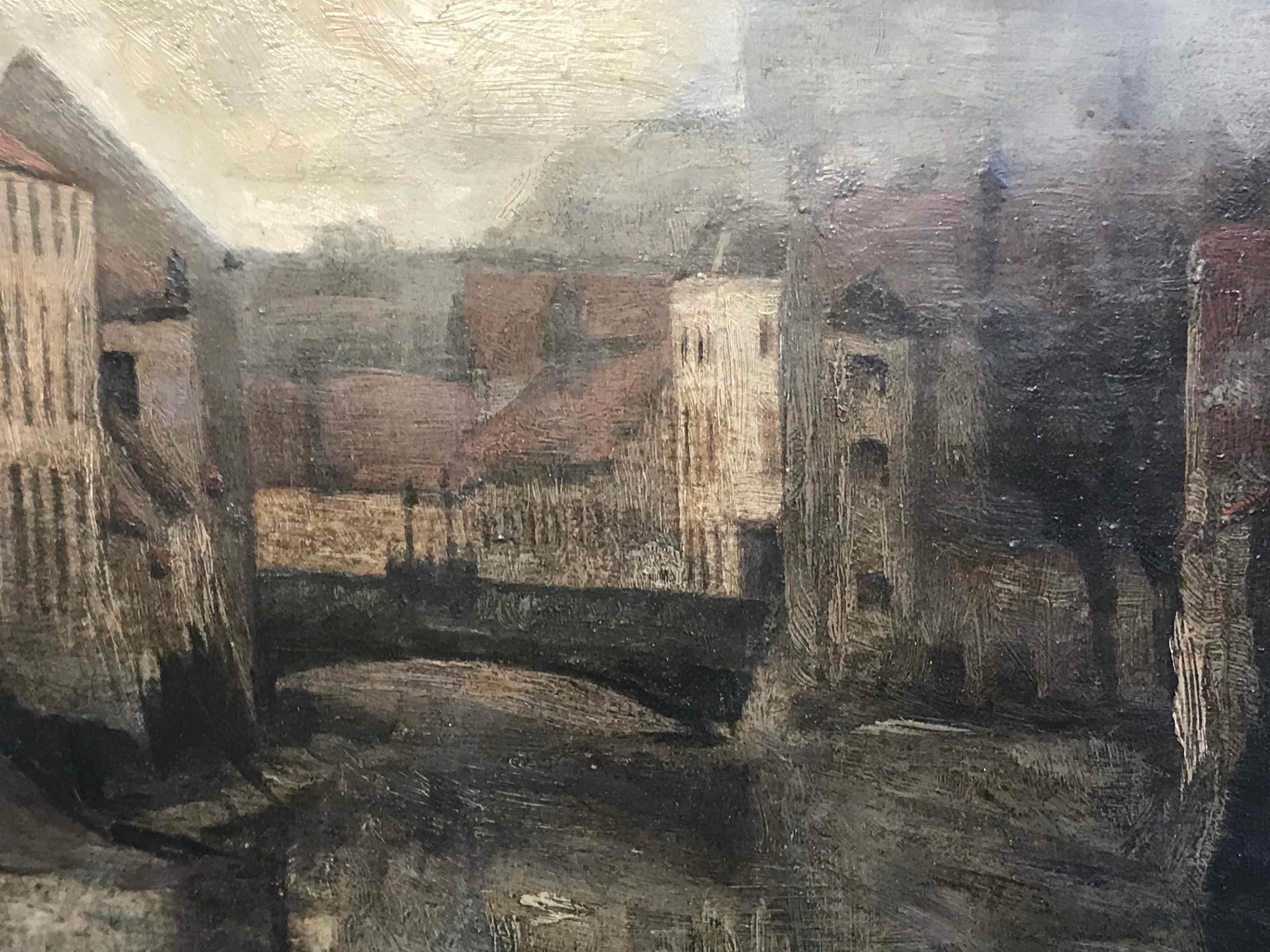 Painted Depiction of City Life Oil on Canvas Painting from Belgium, circa 1890 For Sale