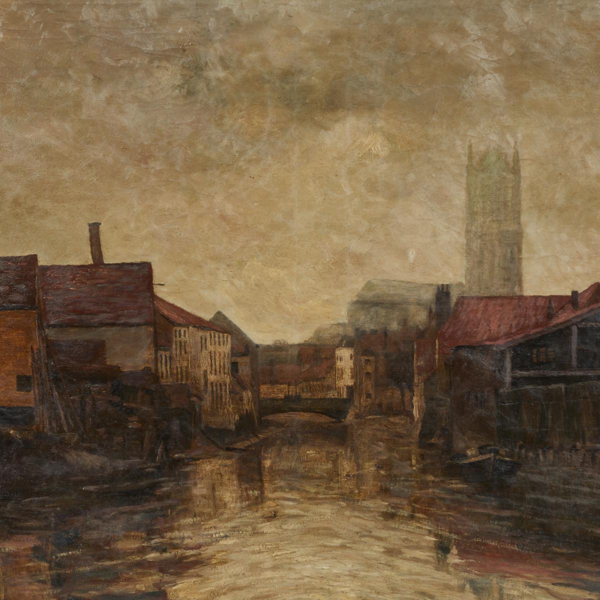 Depiction of City Life Oil on Canvas Painting from Belgium, circa 1890 In Good Condition For Sale In Los Angeles, CA