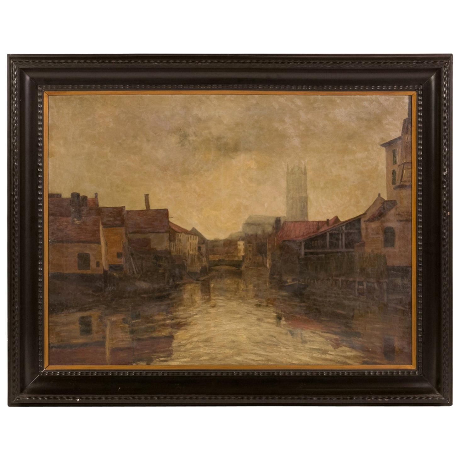 Depiction of City Life Oil on Canvas Painting from Belgium, circa 1890 For Sale