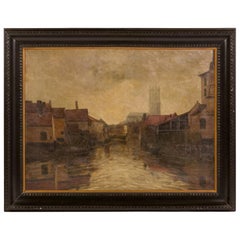 Depiction of City Life Oil on Canvas Painting from Belgium, circa 1890