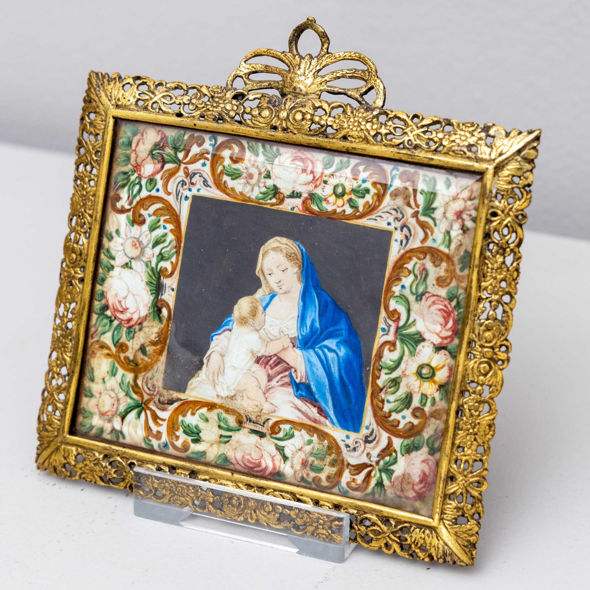 Pair of gouaches with depictions of the Virgin Mary in fine brass frames. Dated on the reverse. Provenance: Comte et Comtesse de Viel Castel, Sotheby's Paris, 12 September 2018, lot 1.