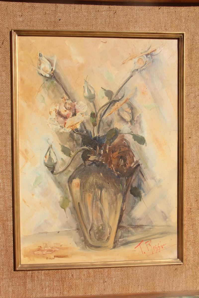 Depisis Style Midcentury Oil Panting Vase Rose Flowers 1940s Classic Frame For Sale 1