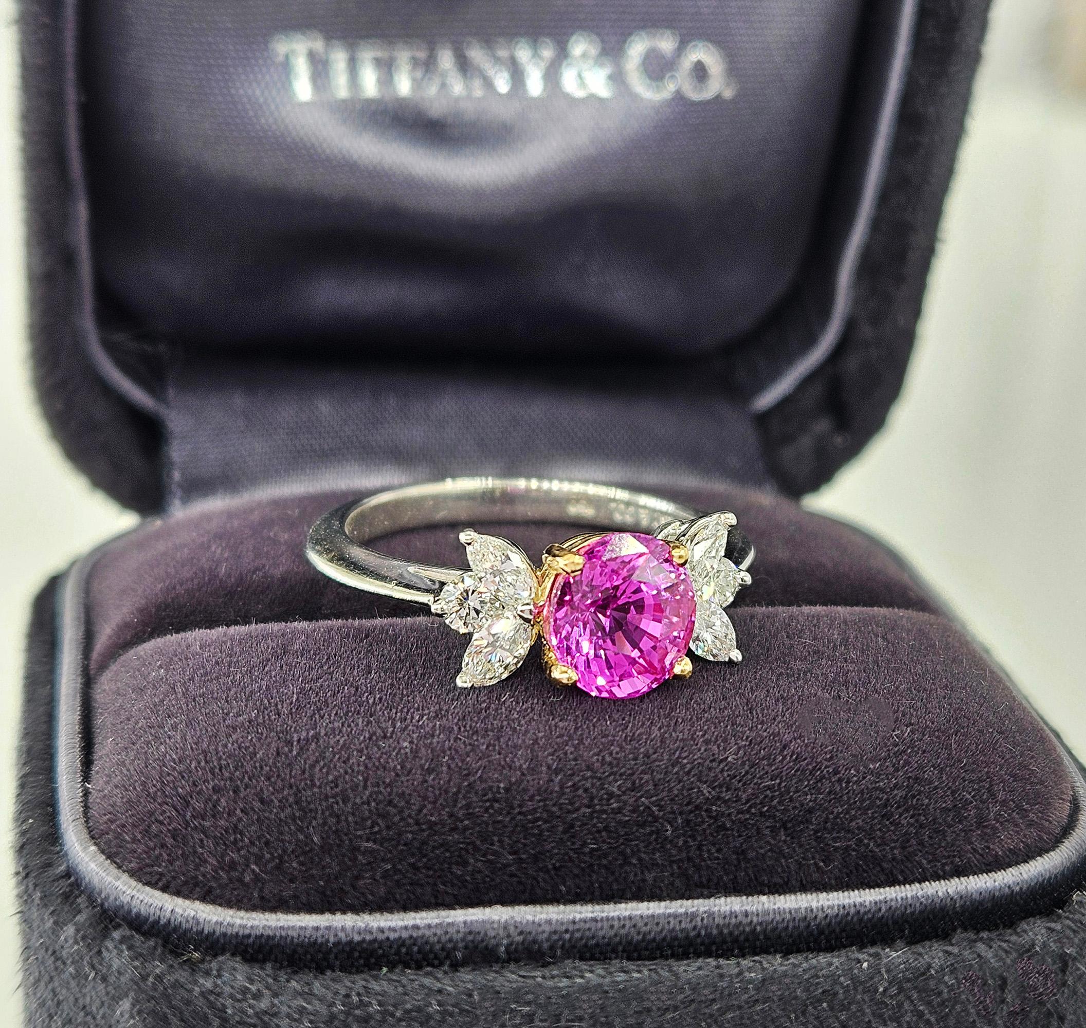 Modern Deposit 1/3 for GIA Vintage TIFFANY & Co Pink Sapphire Diamond Platinum Ring