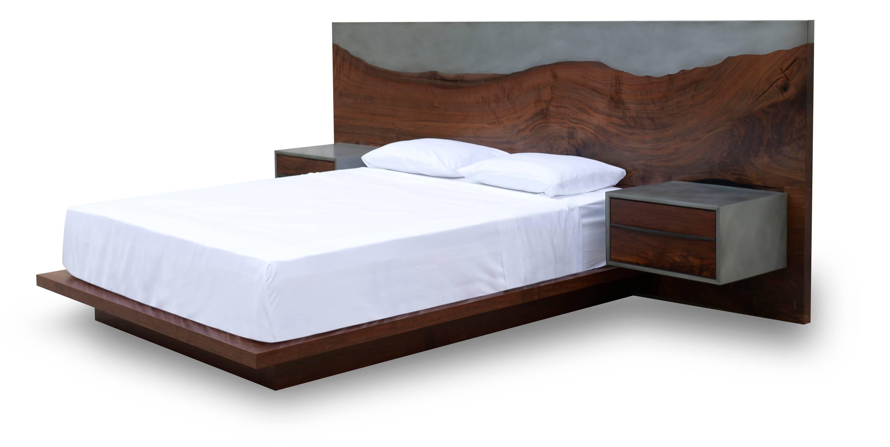 The striking and beautiful Nola bed is our take on the live-edge style. The headboard features a hand-picked solid slab of claro walnut and a zinc encased in epoxy resin edge that has been cut with precision and flawlessly affixed to the curves of