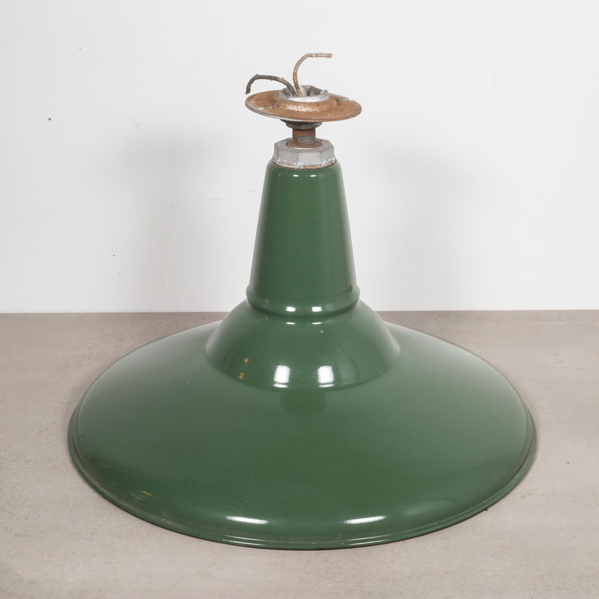 About

These are original large green enameled pendants with white porcelain interior and metal swivel joint canopies.

Price is per piece. Contact us for more shipping options: S16 Home San Francisco

Creator Benjamin Electric Mfg., Chicago.
Date