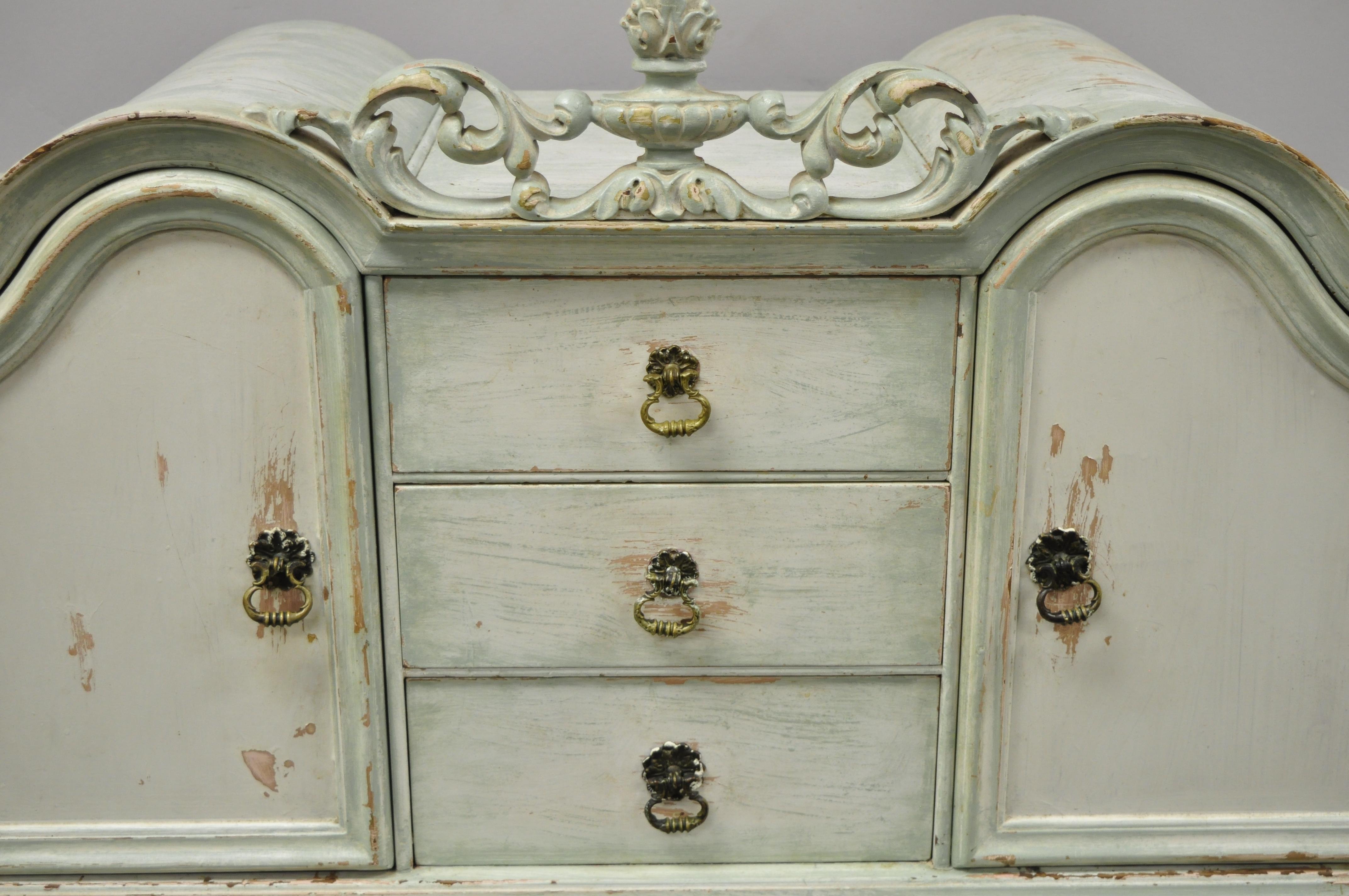 Depression Renaissance Bonnet Top Blue White Distress Painted Dresser Armoire In Good Condition In Philadelphia, PA