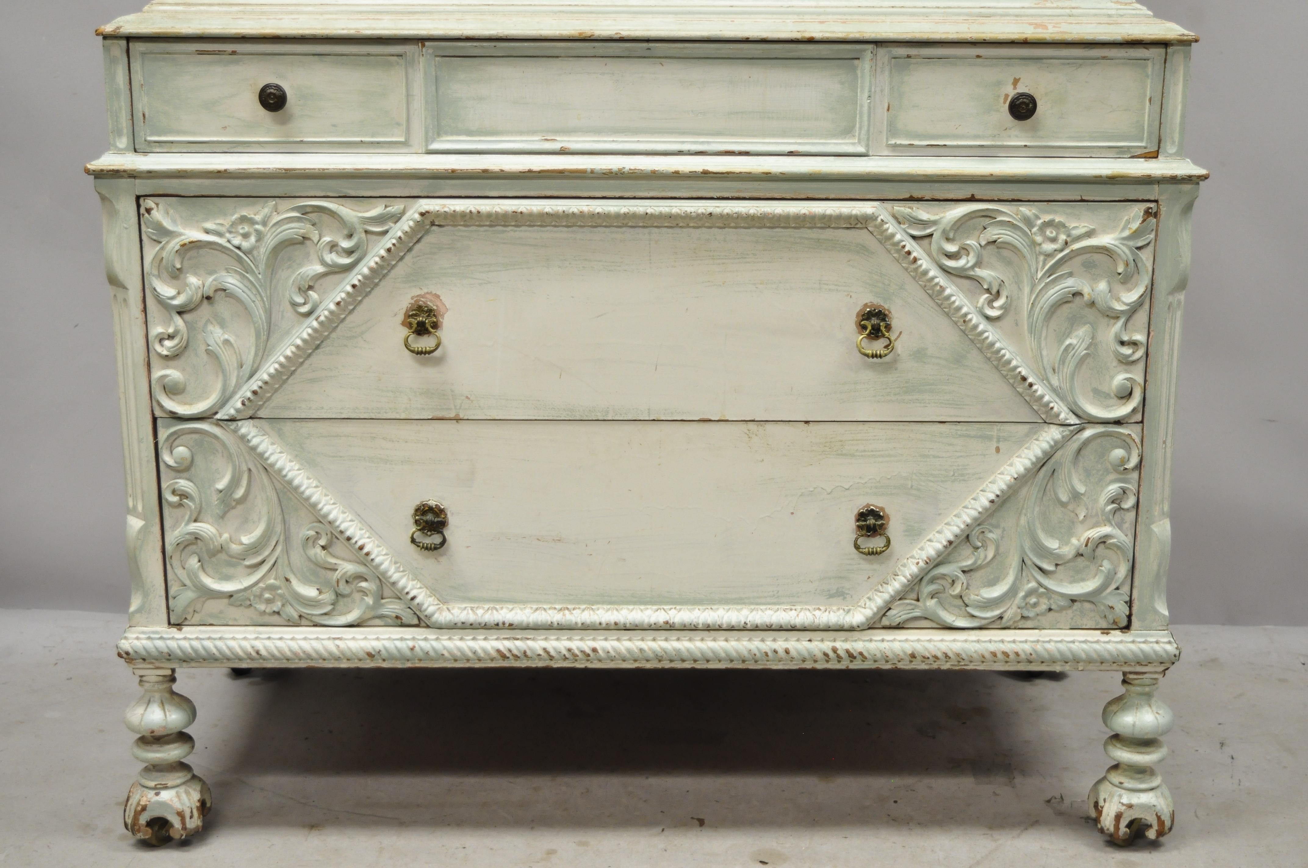 20th Century Depression Renaissance Bonnet Top Blue White Distress Painted Dresser Armoire