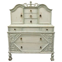 Antique Depression Renaissance Bonnet Top Blue White Distress Painted Dresser Armoire