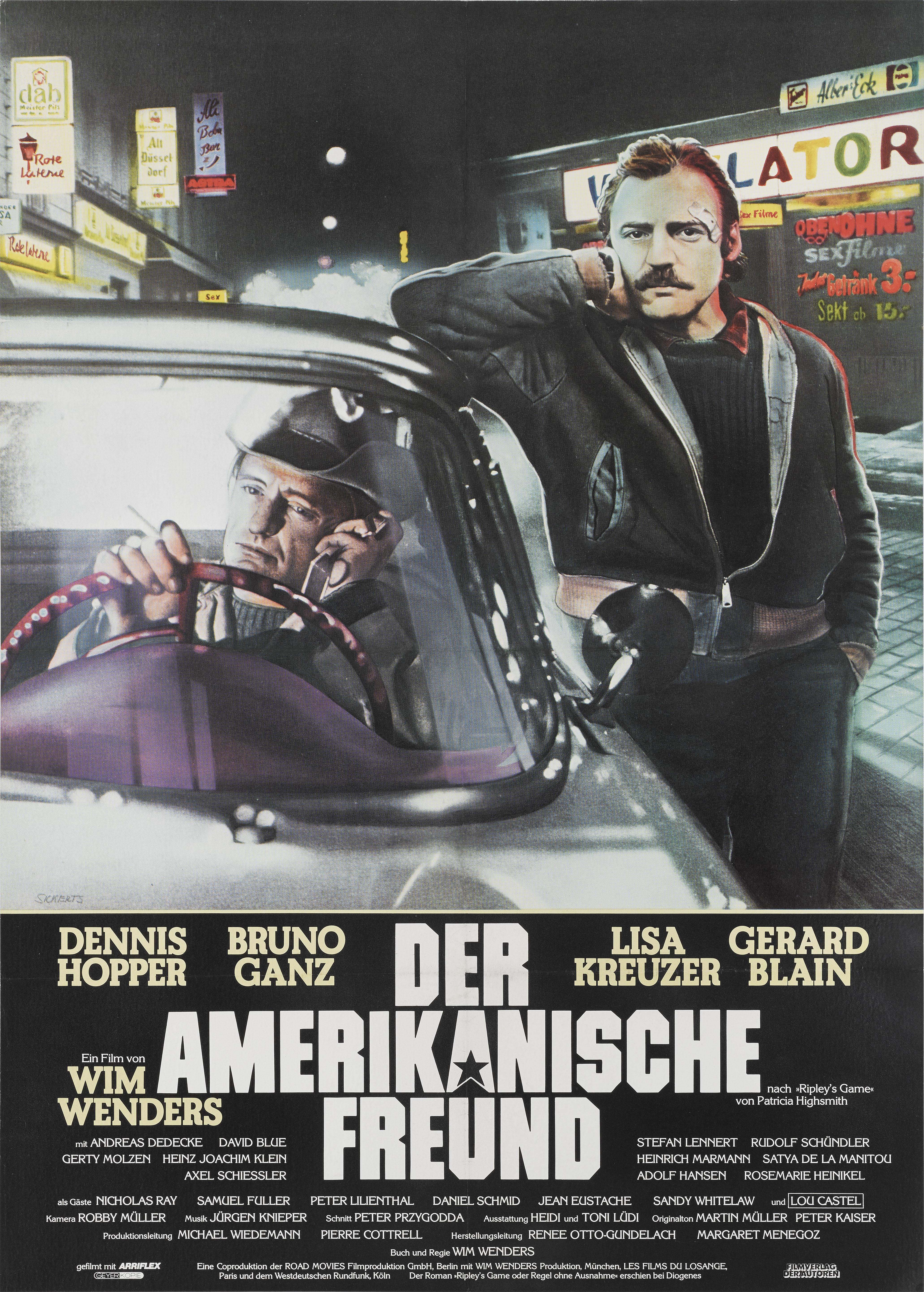 Affiche originale allemande pour le film 1977  film Der Amerikanische Freund / L'ami américain.
Ce film met en scène Dennis Hopper et Bruno Ganz et a été réalisé par Wim Wenders.
Cette affiche est doublée d'une toile de conservation et sera expédiée