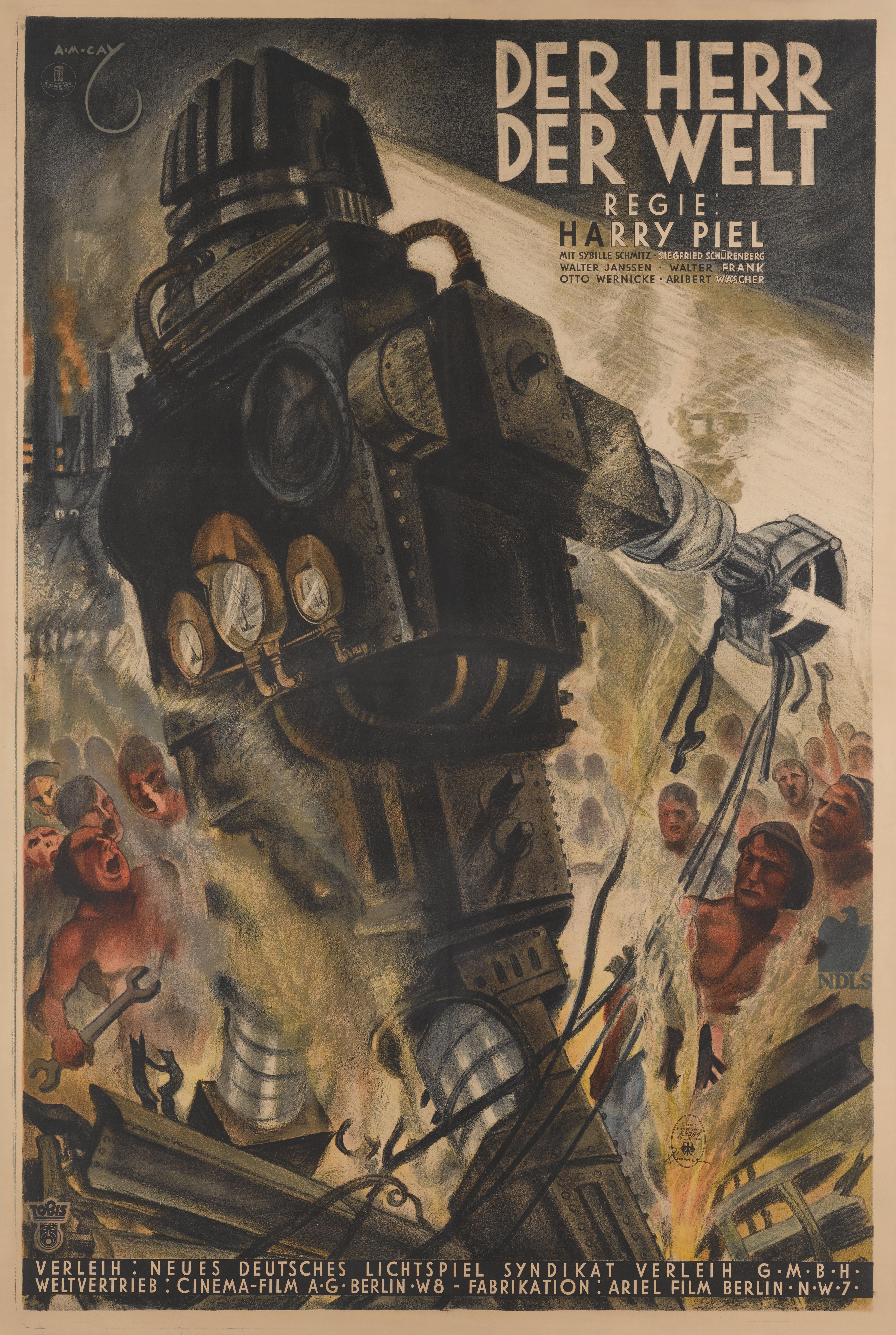 Très rare affiche allemande originale pour Der Herr der Welt  / Maître du monde 1934.
Il s'agit d'une affiche de science-fiction précoce exceptionnellement importante et rare. Il en reste moins de cinq exemplaires connus.
Cette affiche est l'une des