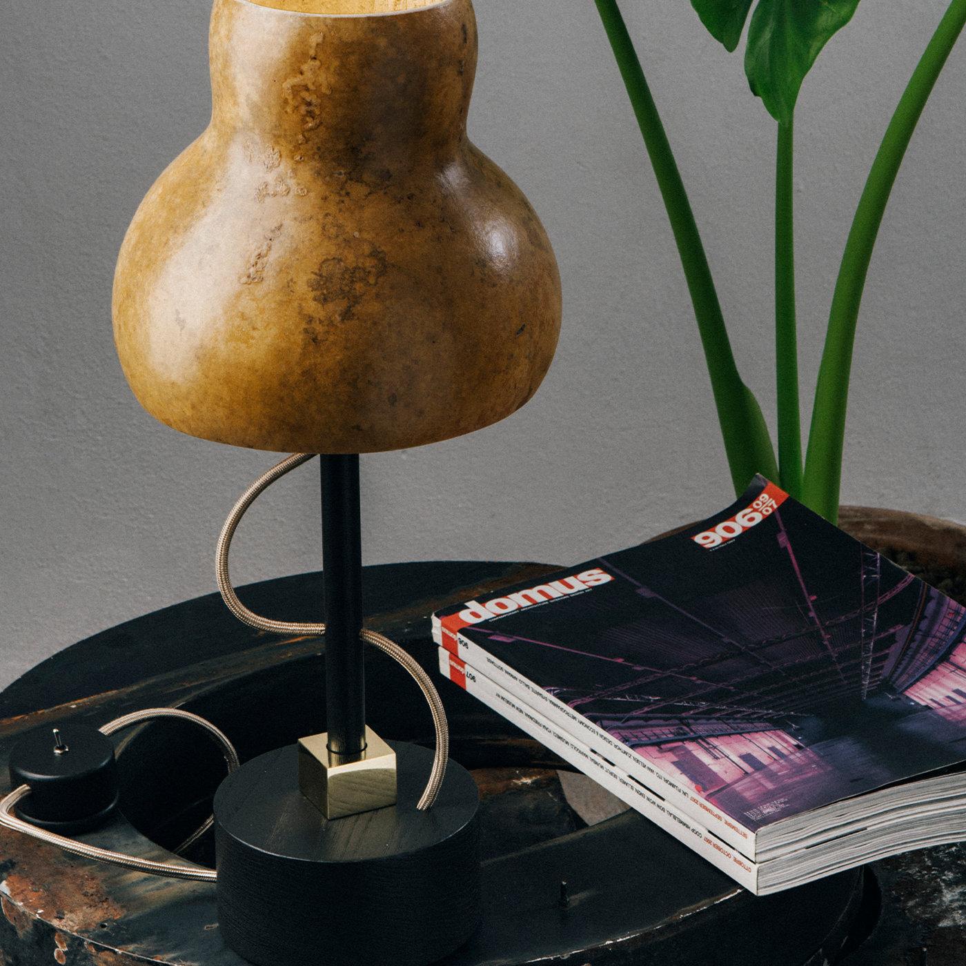 The desk lamp refers to the animal and plant world. The lampshade in Lagenaria dried gourd with its unique veining, together with the rounded ash bas, brings to mind a typical inhabitant of the undergrowth. The colored fabric cable, which passes