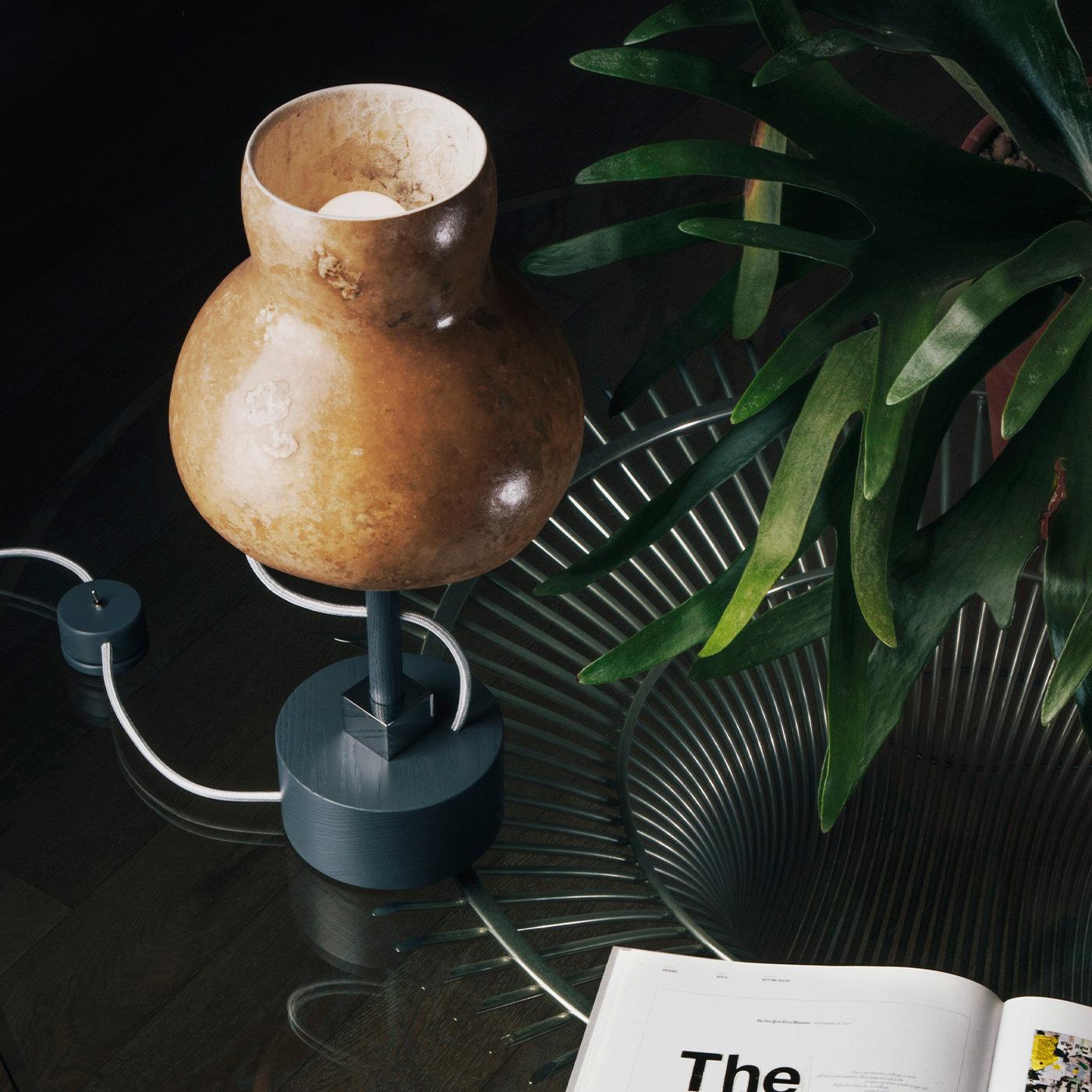 The desk lamp refers to the animal and plant world. The lampshade in Lagenaria dried gourd, with its unique veining, together with the rounded ash wood base, brings to mind a typical inhabitant of the undergrowth. The coloured fabric cable, which