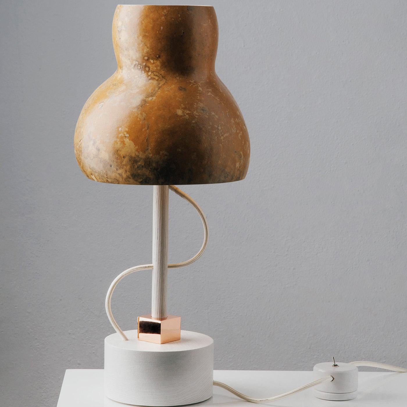 The desk lamp takes shapes from the animal and plant world. The lampshade in Lagenaria dried gourd, with its unique veining, together with the rounded ash wood base, brings to mind a typical inhabitant of the undergrowth. The colored fabric cable,