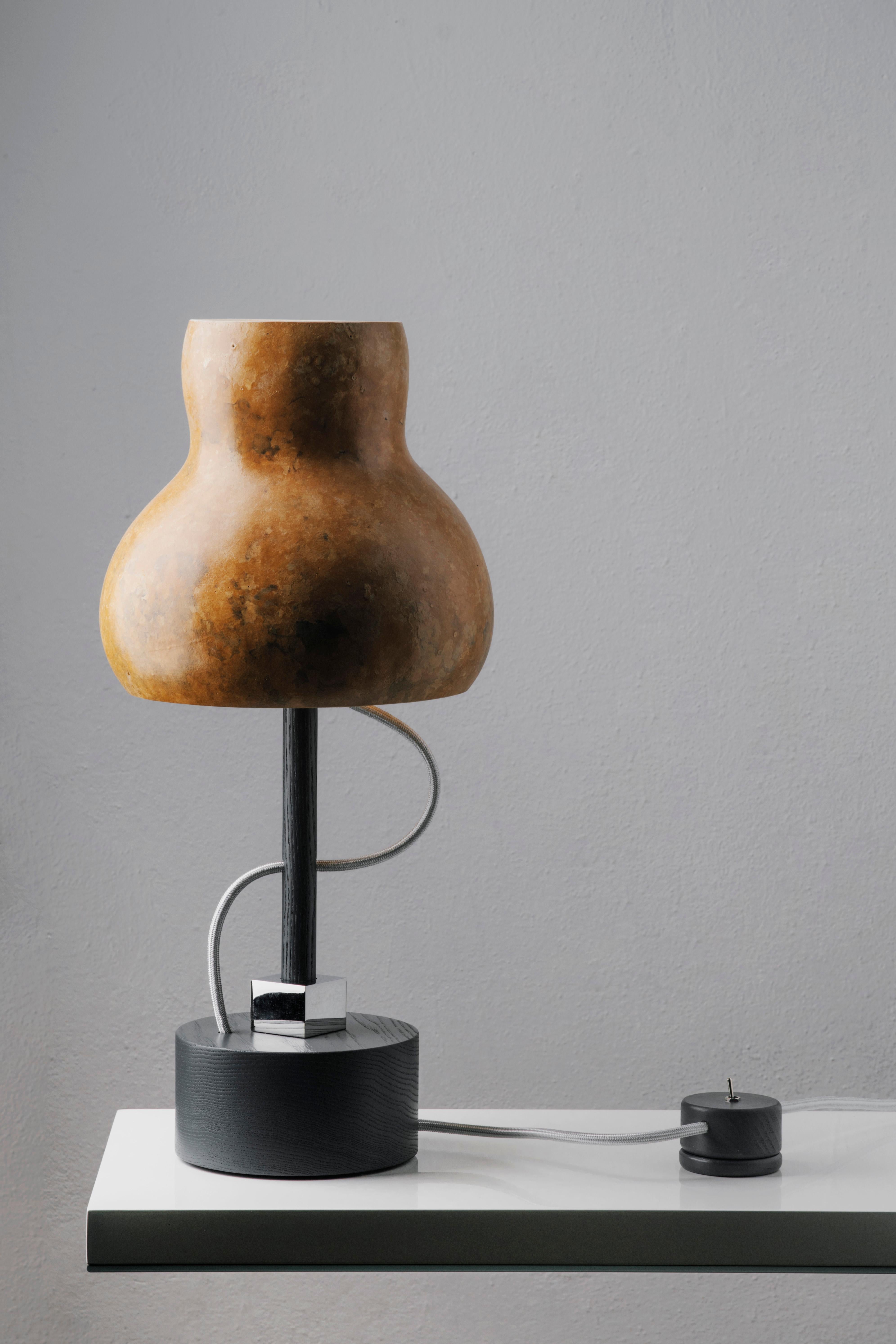 The table lamp takes shapes from the animal and plant world. The lampshade in Lagenaria dried pumpkin, with its unique veining, together with the rounded ash wood base, brings to mind a typical inhabitant of the undergrowth.
The coloured fabric