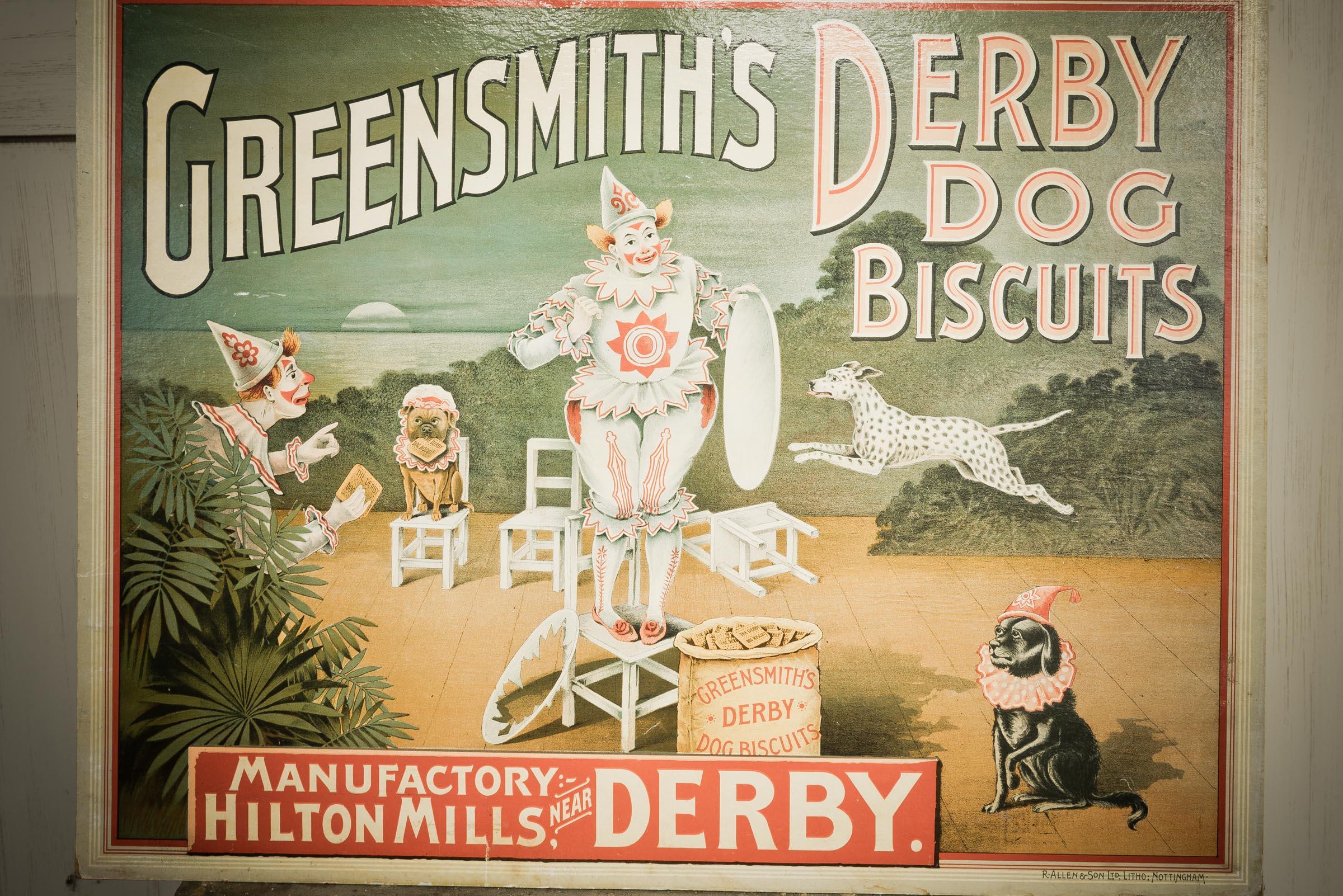 Wood A Victorian  advertising plaque representing Greensmith's Derby Dog biscuits.