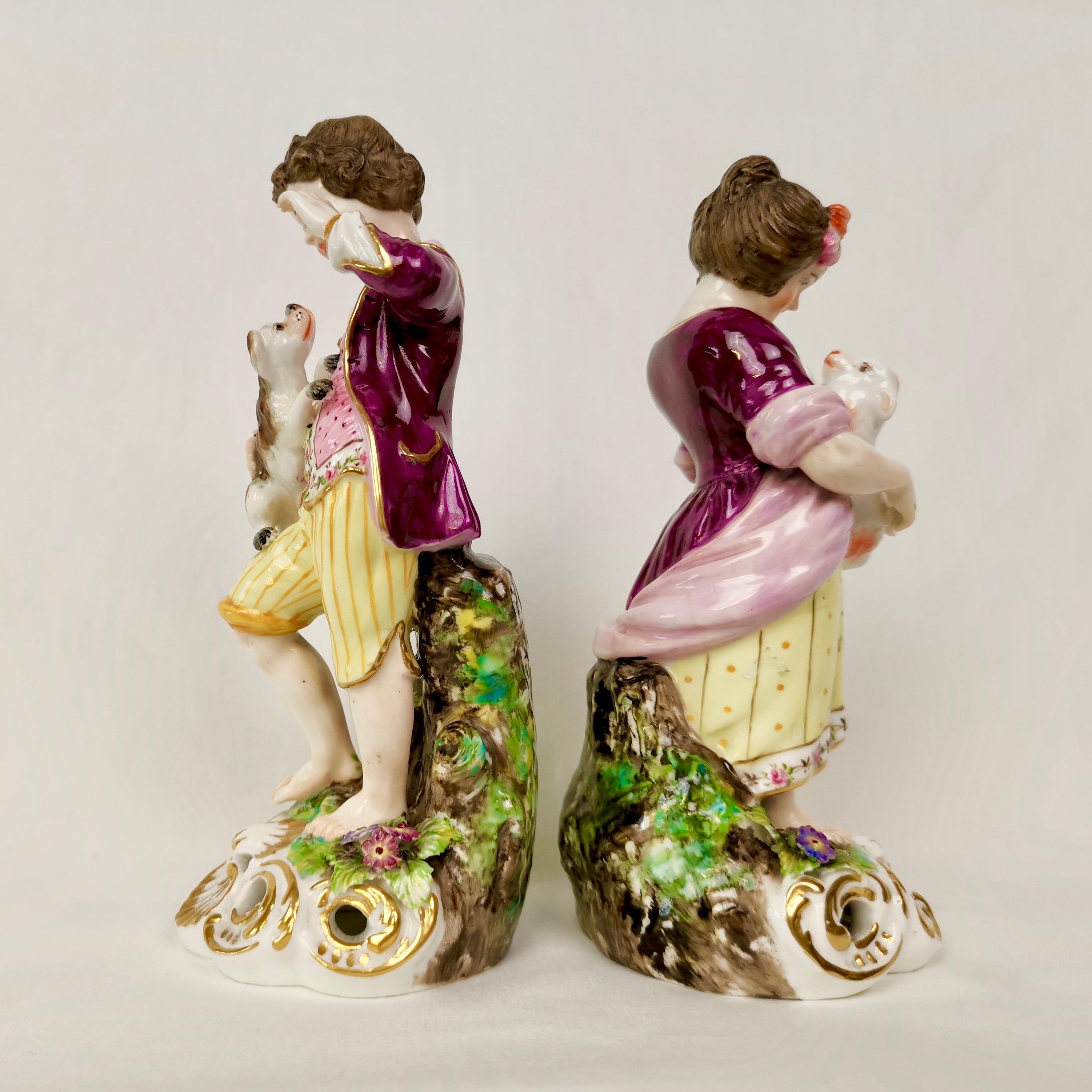 English Derby King Street Porcelain Boy and Girl Playing with Dog and Lamb, circa 1915 For Sale