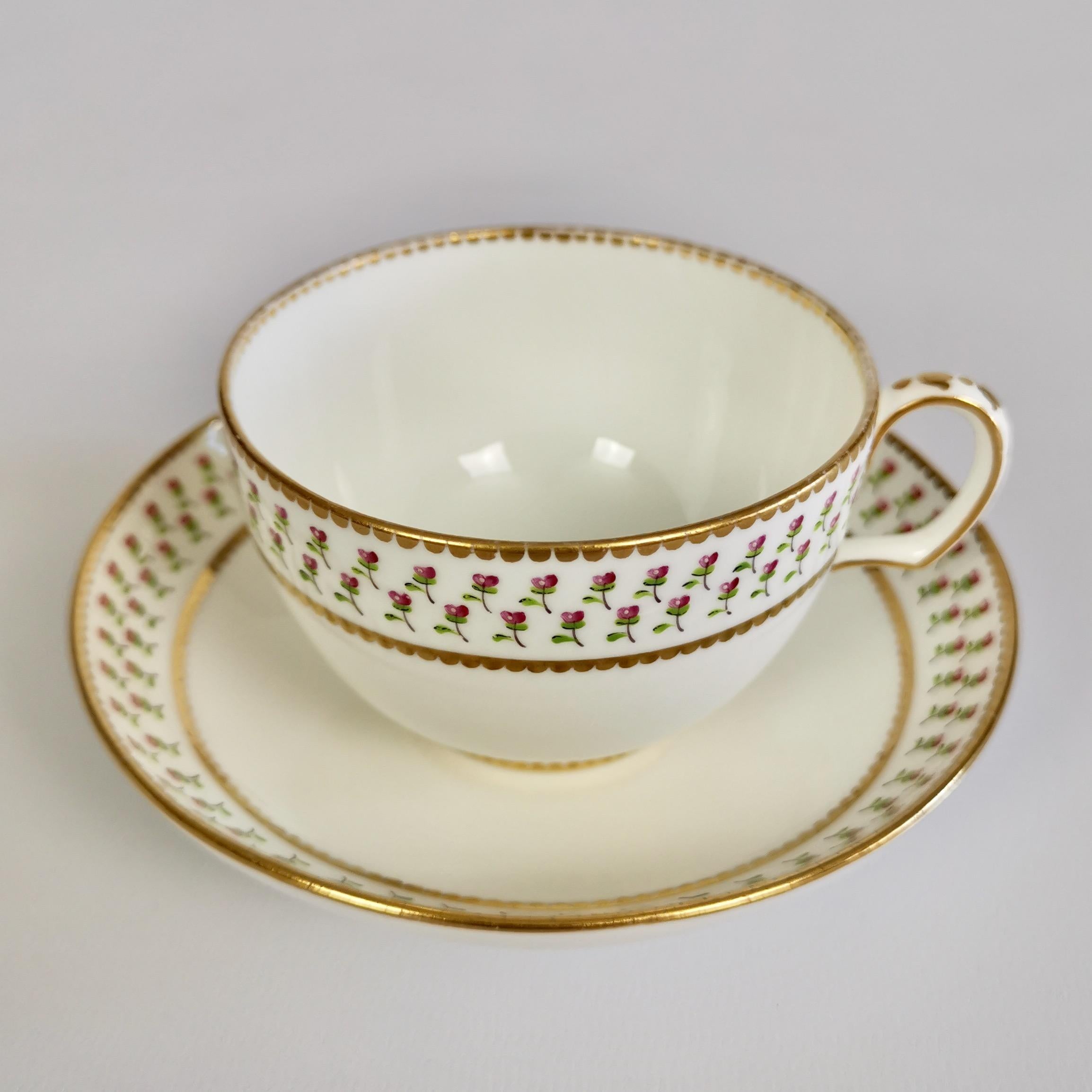 Victorian Derby King Street Porcelain Teacup Trio, White with Tiny Roses, 1848-1862