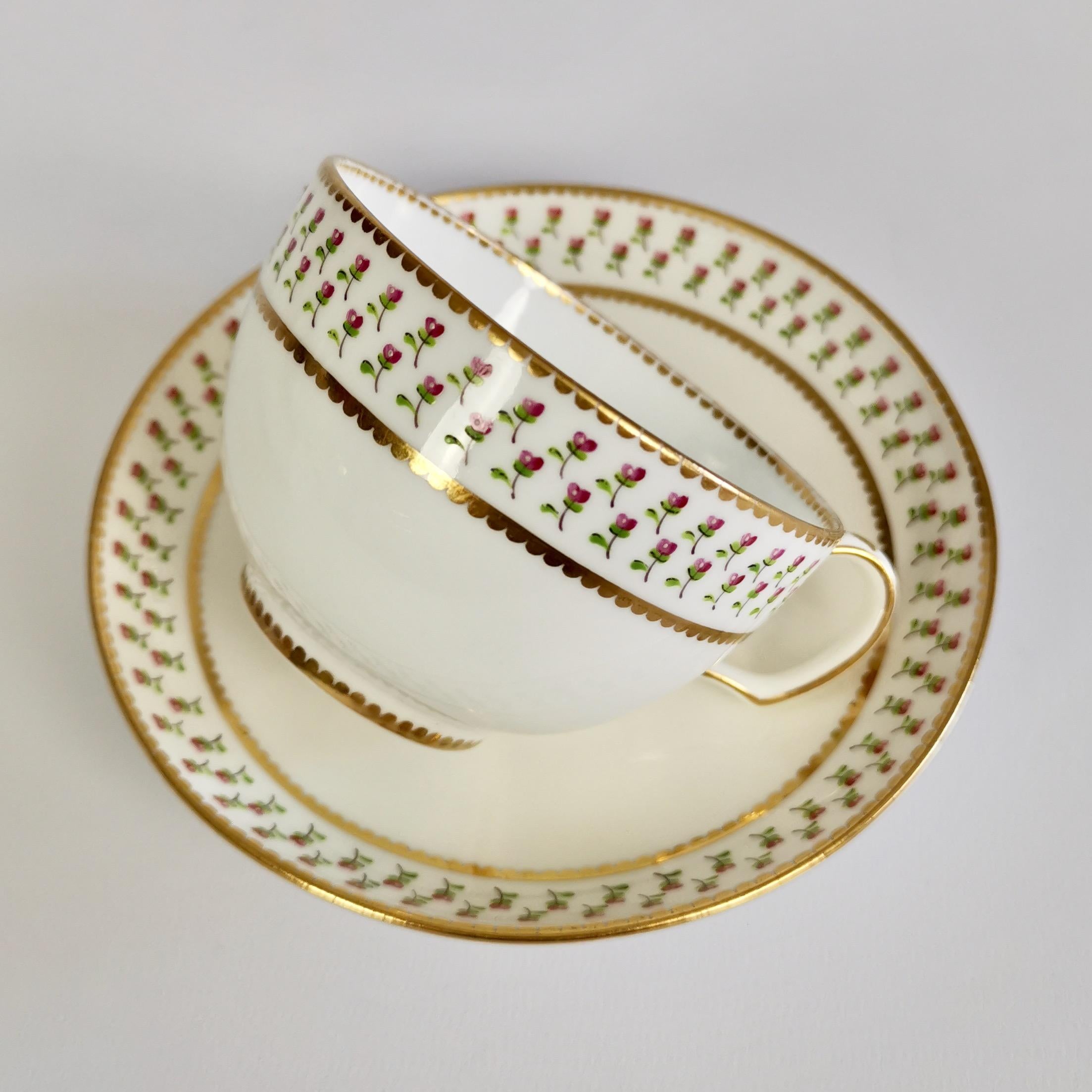 Hand-Painted Derby King Street Porcelain Teacup Trio, White with Tiny Roses, 1848-1862