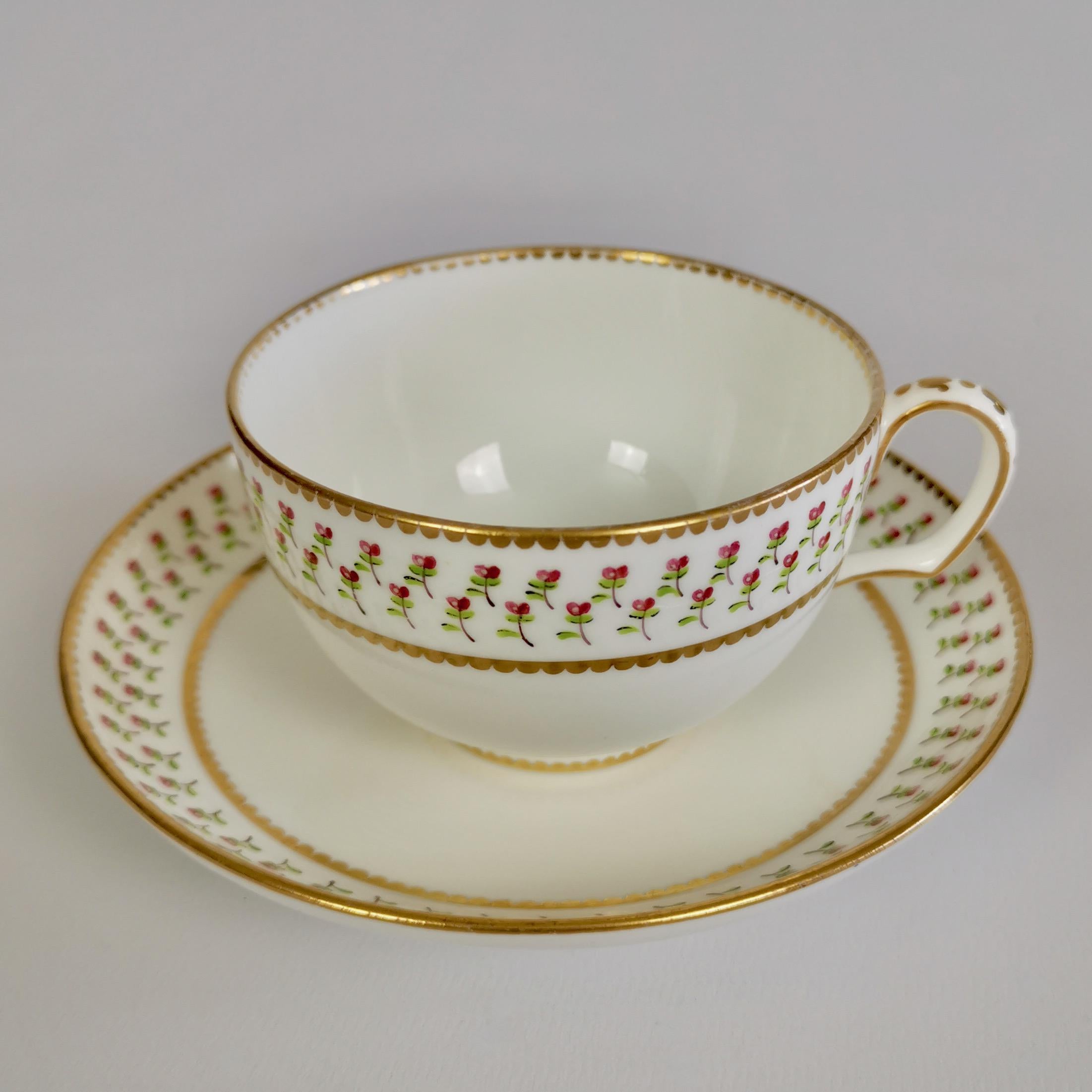 Victorian Derby King Street Set of 6 Porcelain Tea Trios, White with Tiny Roses, 1848-1862