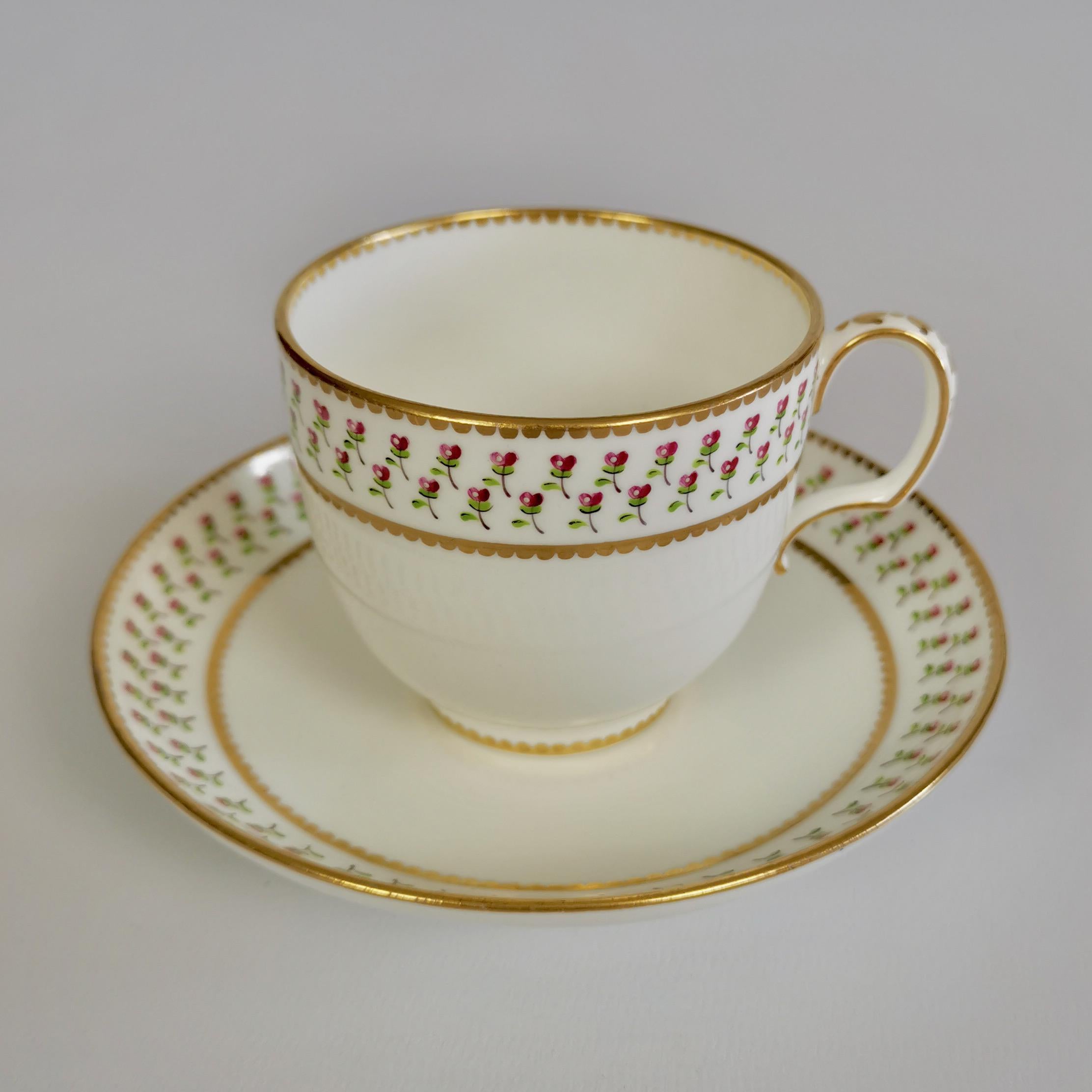 English Derby King Street Set of 6 Porcelain Tea Trios, White with Tiny Roses, 1848-1862