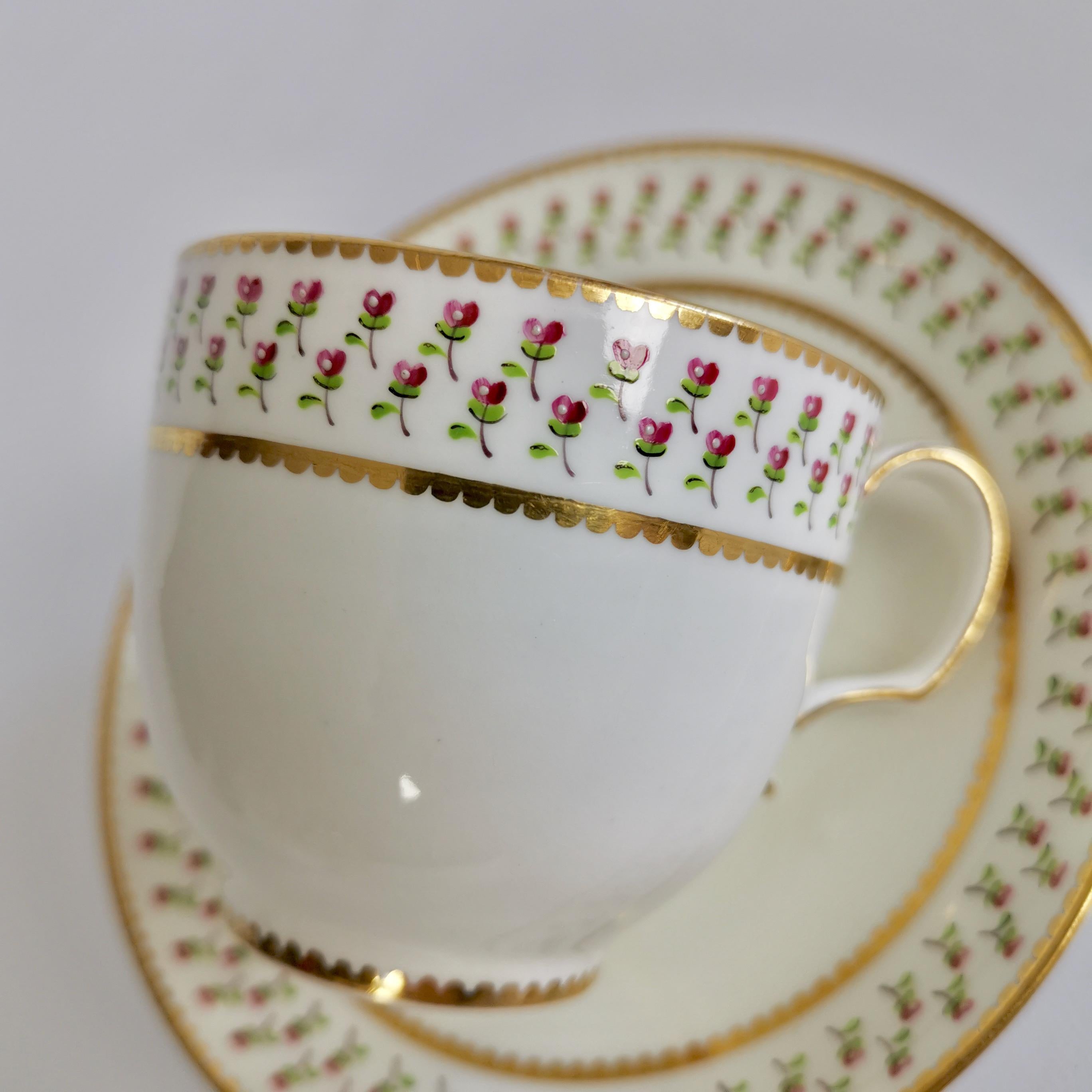 Mid-19th Century Derby King Street Set of 6 Porcelain Tea Trios, White with Tiny Roses, 1848-1862