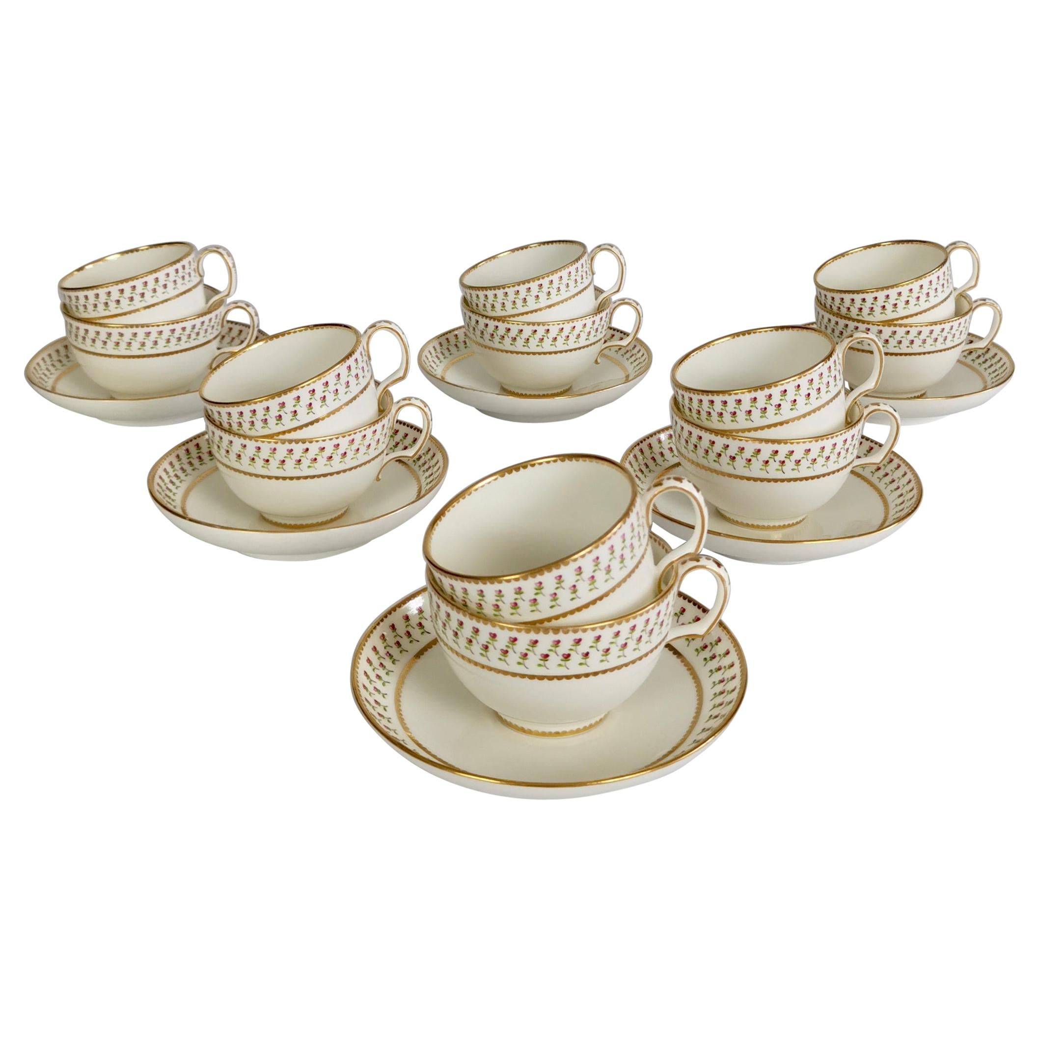 Derby King Street Set of 6 Porcelain Tea Trios, White with Tiny Roses, 1848-1862