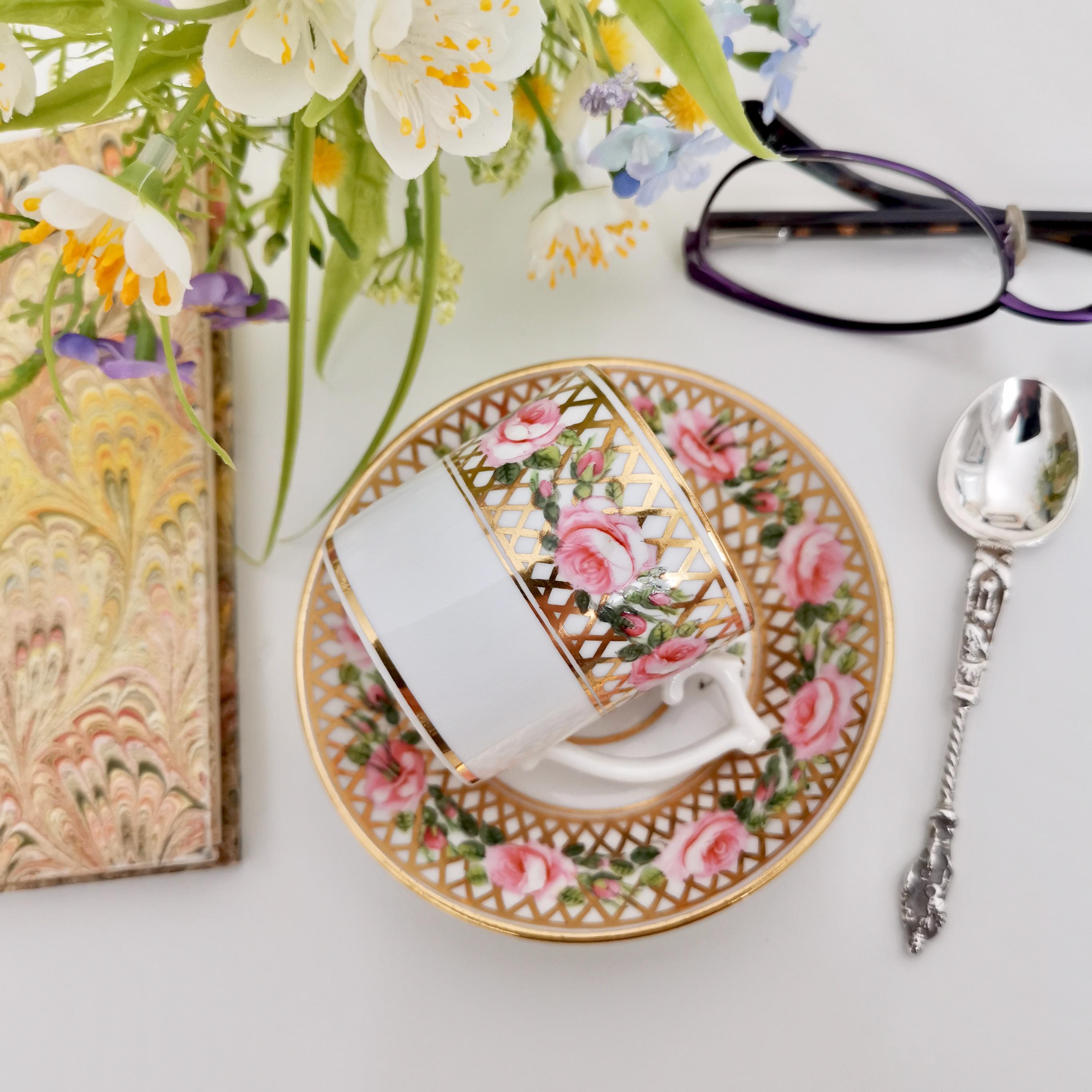This is a very cute tiny demitasse coffee cup and saucer made by the Derby King Street (Stevenson Hancock) between 1861 and 1935. It holds just about one small espresso.
 
The Derby Porcelain Company became very famous for its top quality