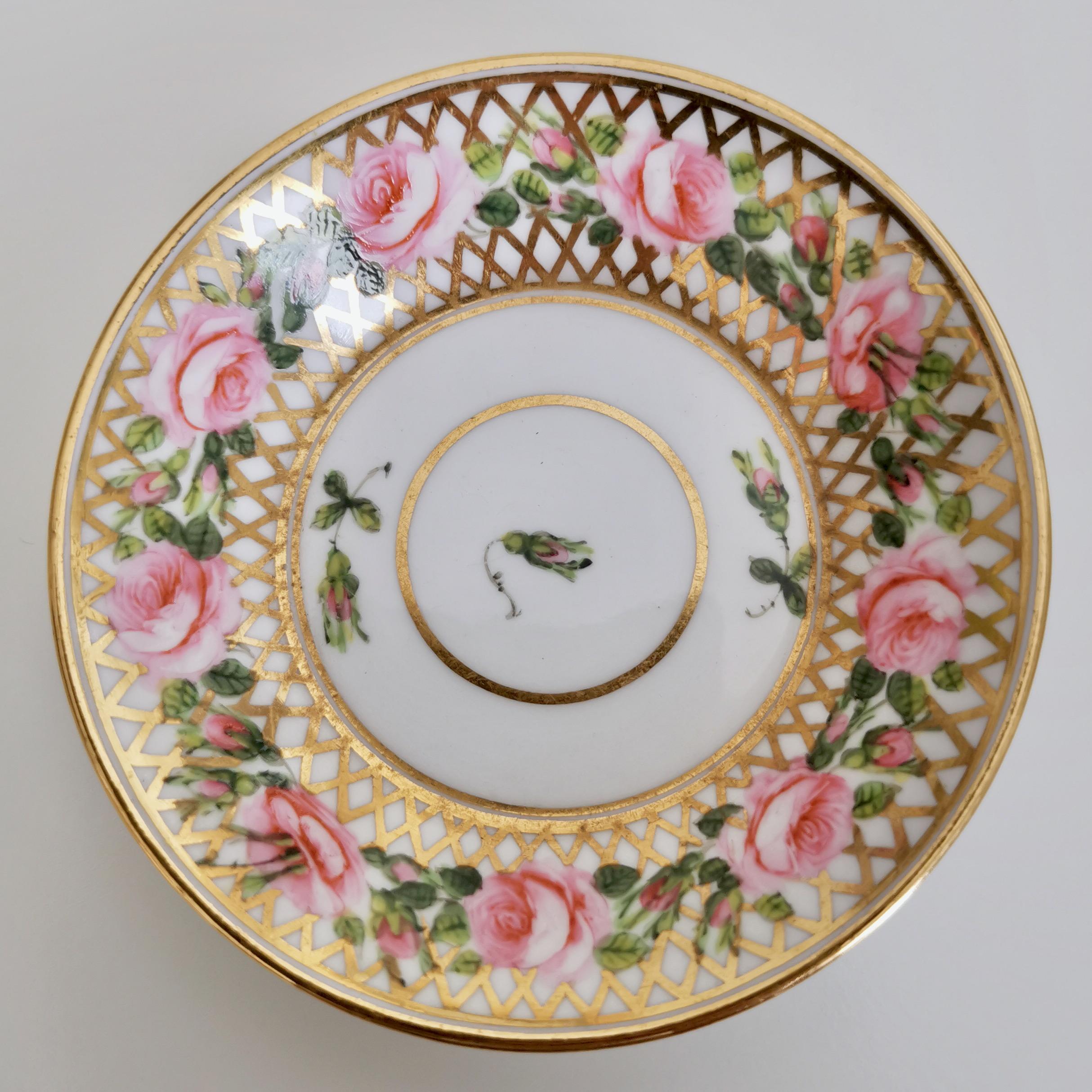 English Derby King Street Tiny Porcelain Demitasse Cup, Pink Roses and Gilt, 1862-1935