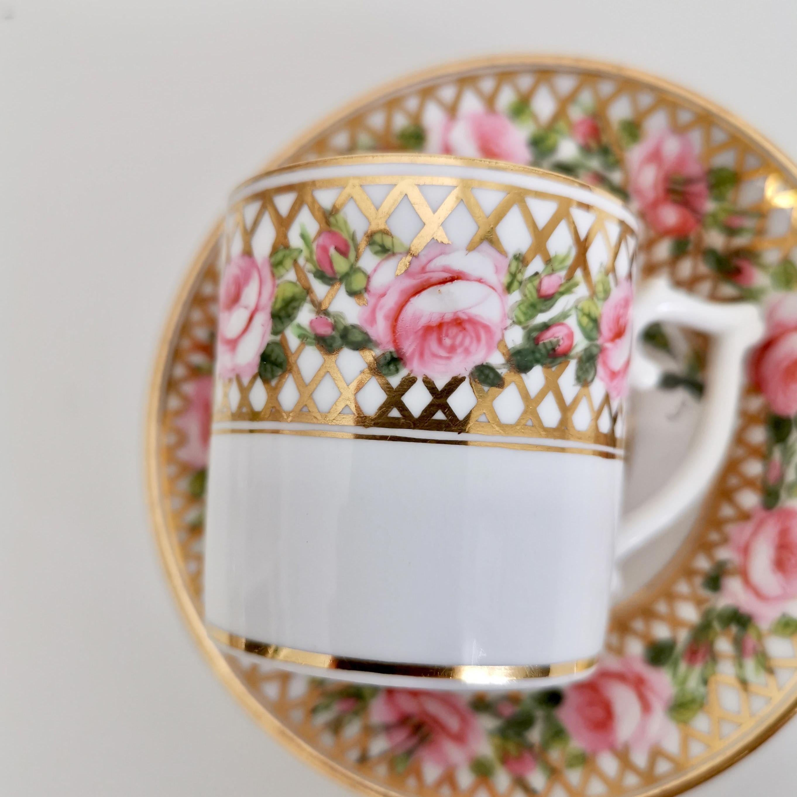 19th Century Derby King Street Tiny Porcelain Demitasse Cup, Pink Roses and Gilt, 1862-1935