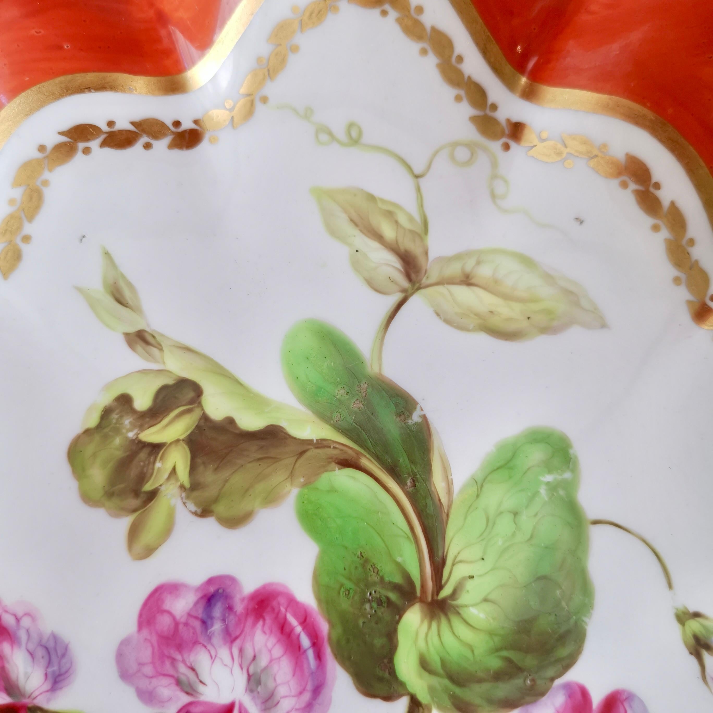 Late 18th Century Derby Lobed Porcelain Dish, Red with Botanical Painting John Brewer, 1795-1800