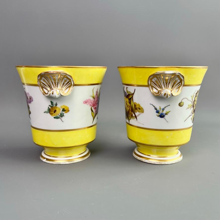 Par de macetas Derby, amarillas, con flores, de William Billingsley, hacia 1795 Inglés en venta