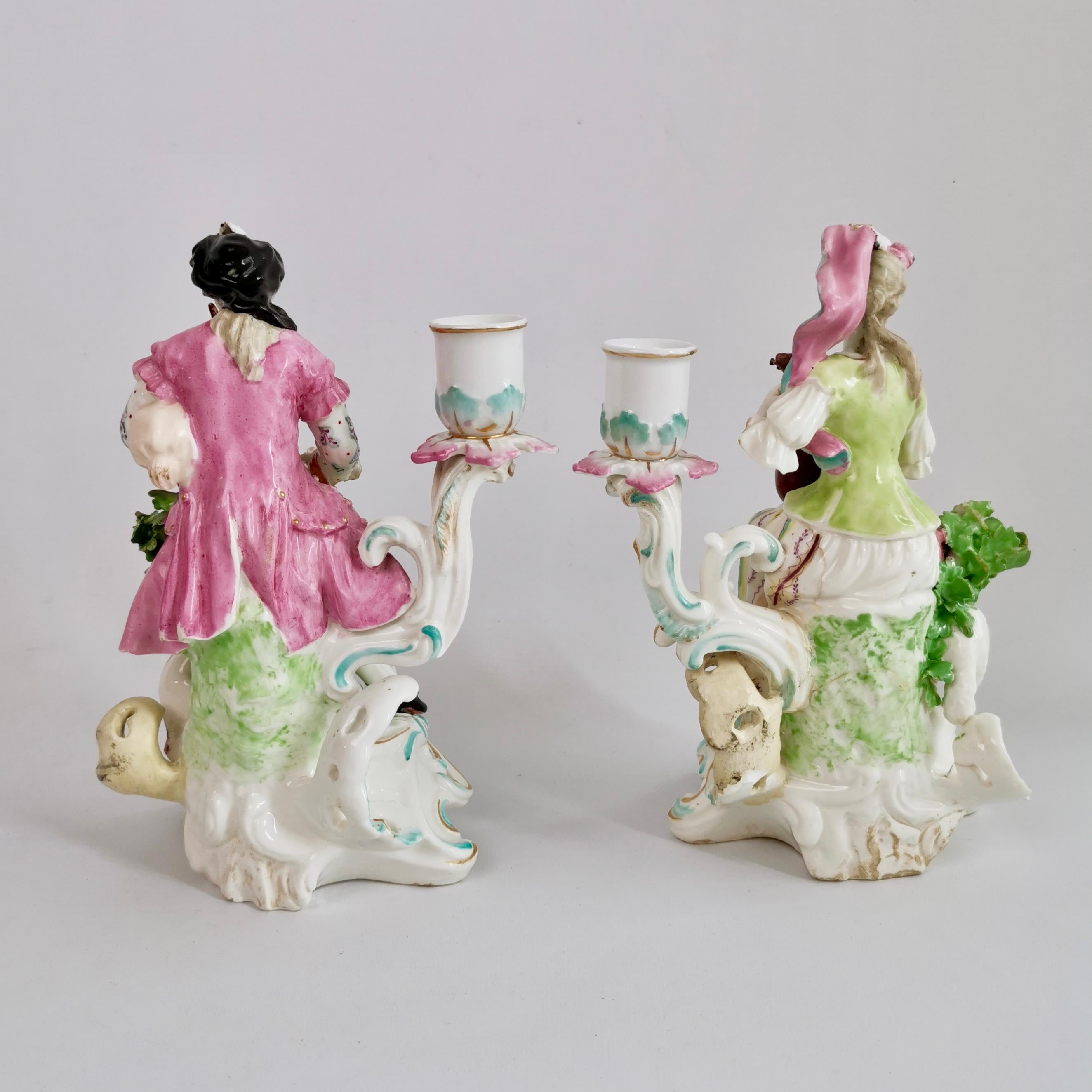 English Derby Pair of Candle Stick Figures, Bagpiper and Lady with Lute, Rococo, Ca 1765 For Sale