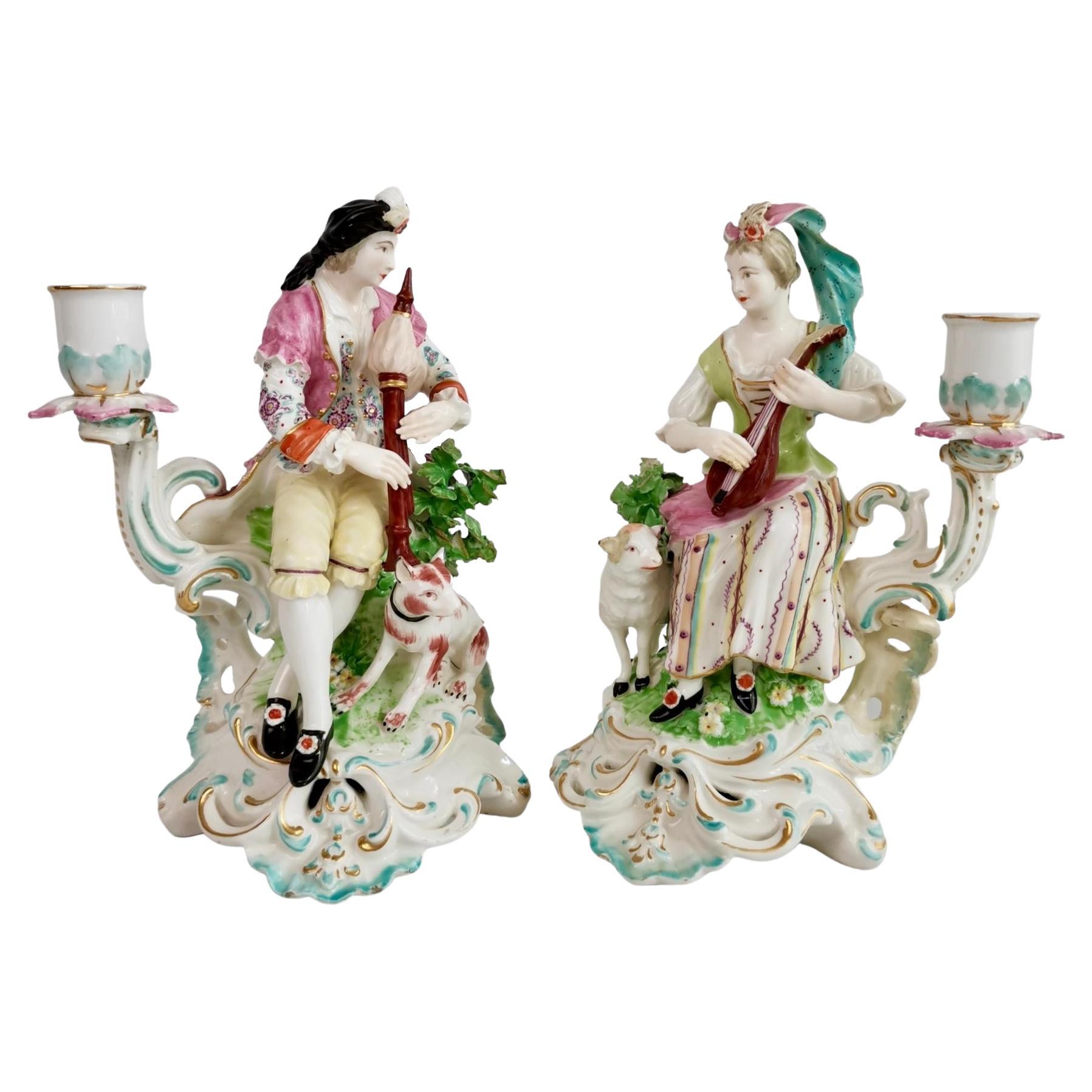 Derby Pair of Candle Stick Figures, Bagpiper and Lady with Lute, Rococo, Ca 1765 For Sale
