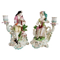 Used Derby Pair of Candle Stick Figures, Bagpiper and Lady with Lute, Rococo, Ca 1765