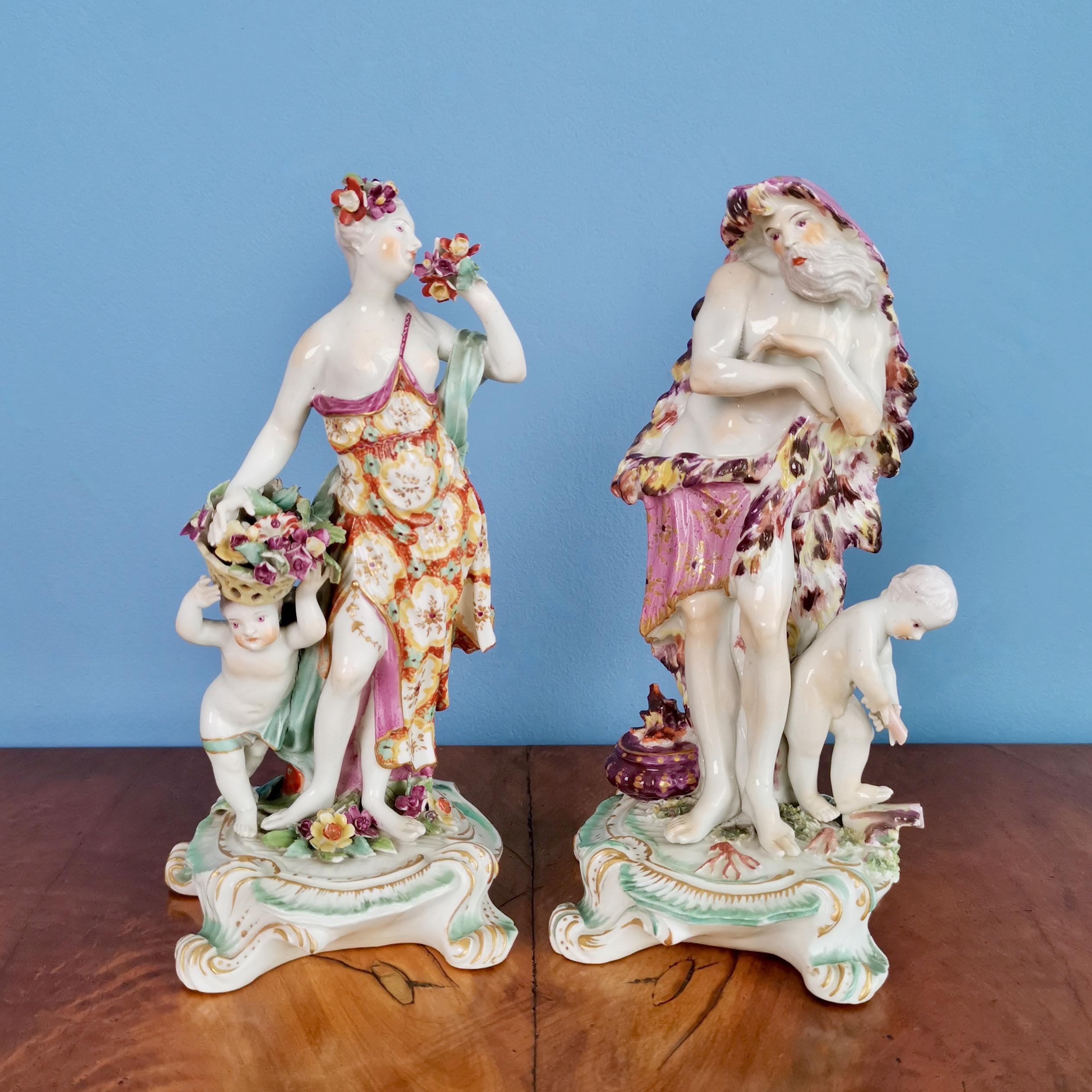 This is a fabulous pair of Derby porcelain figures of Winter and Spring, made between 1756 and 1759, which was the Rococo era. This is what is called the 