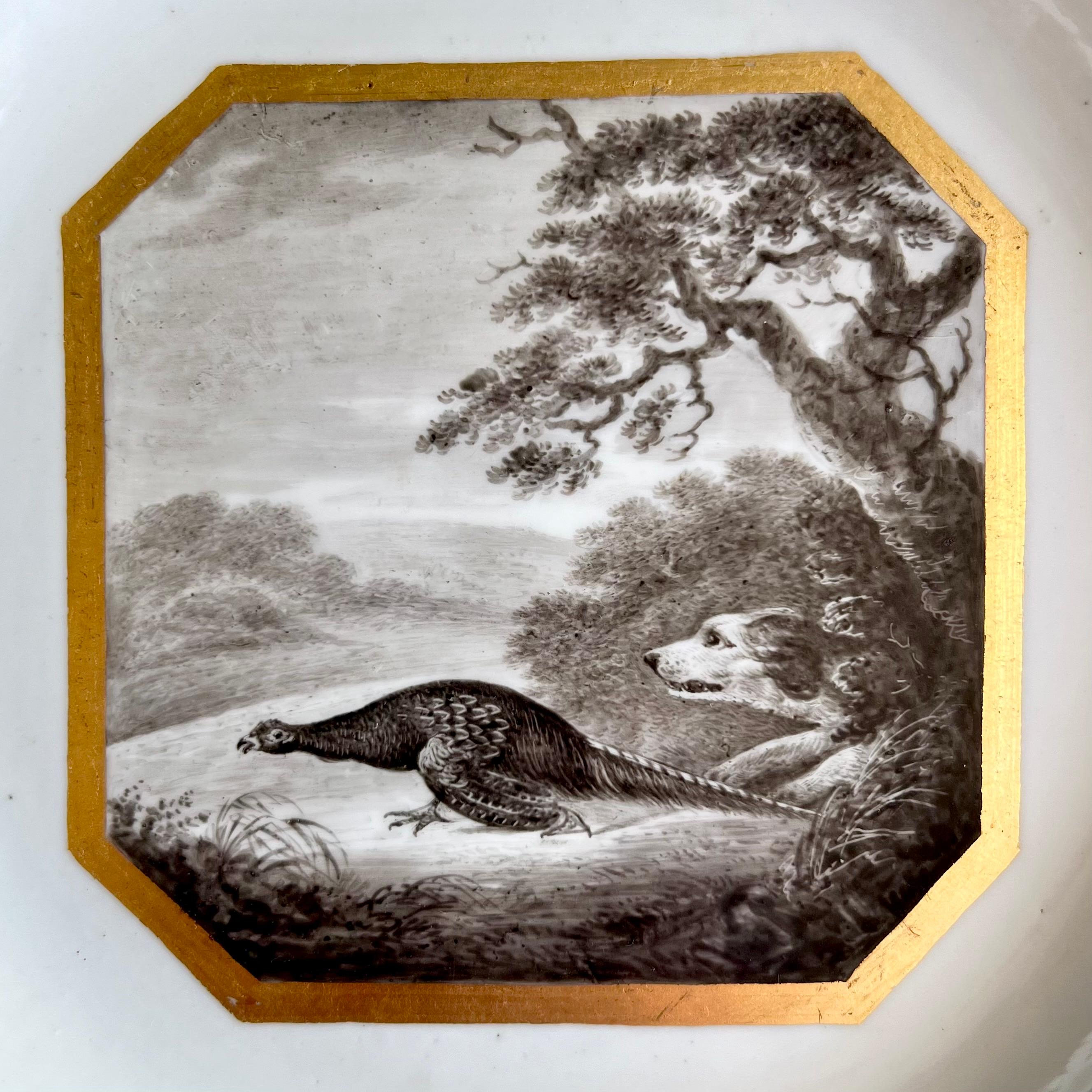 Giorgio III Piatto Derby, scena di caccia monocromatica in seppia di John Brewer, 1795-1800 ca. in vendita